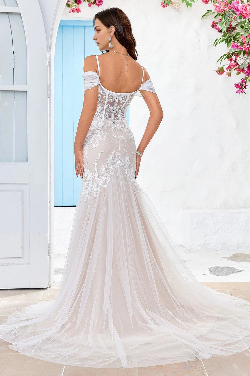 Gorgeous Mermaid Sweetheart Off Shoulder Sleeve Lace Back Maxi Wedding Dress