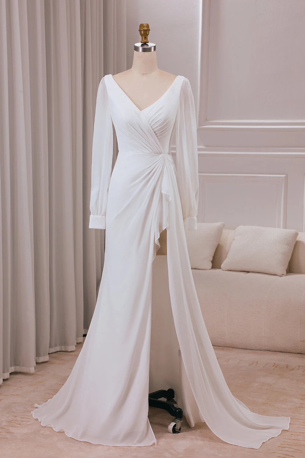 Gorgeous Mermaid V Neck Long Sleeve Zipper Back Maxi Wedding Dress