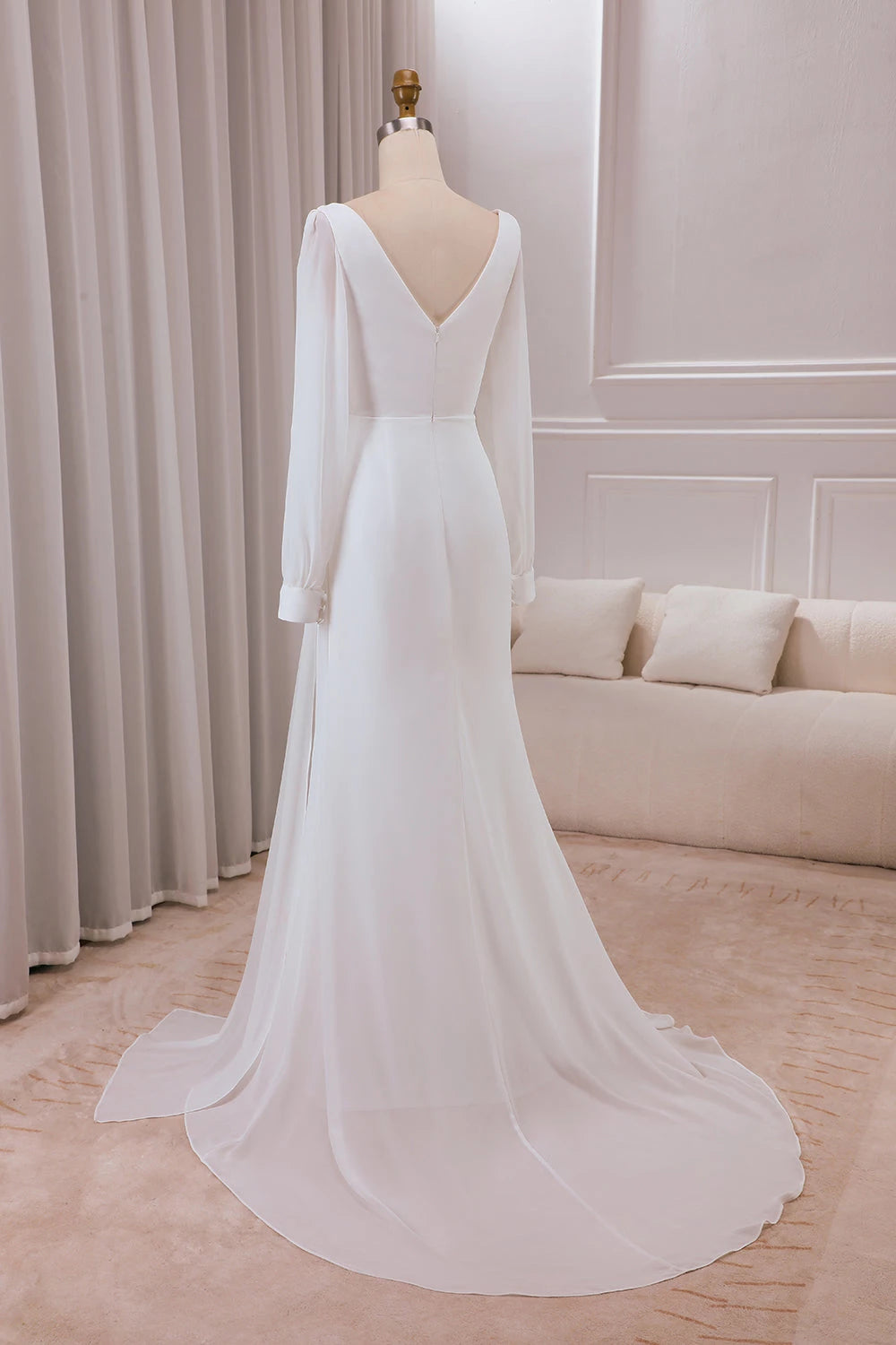 Gorgeous Mermaid V Neck Long Sleeve Zipper Back Maxi Wedding Dress