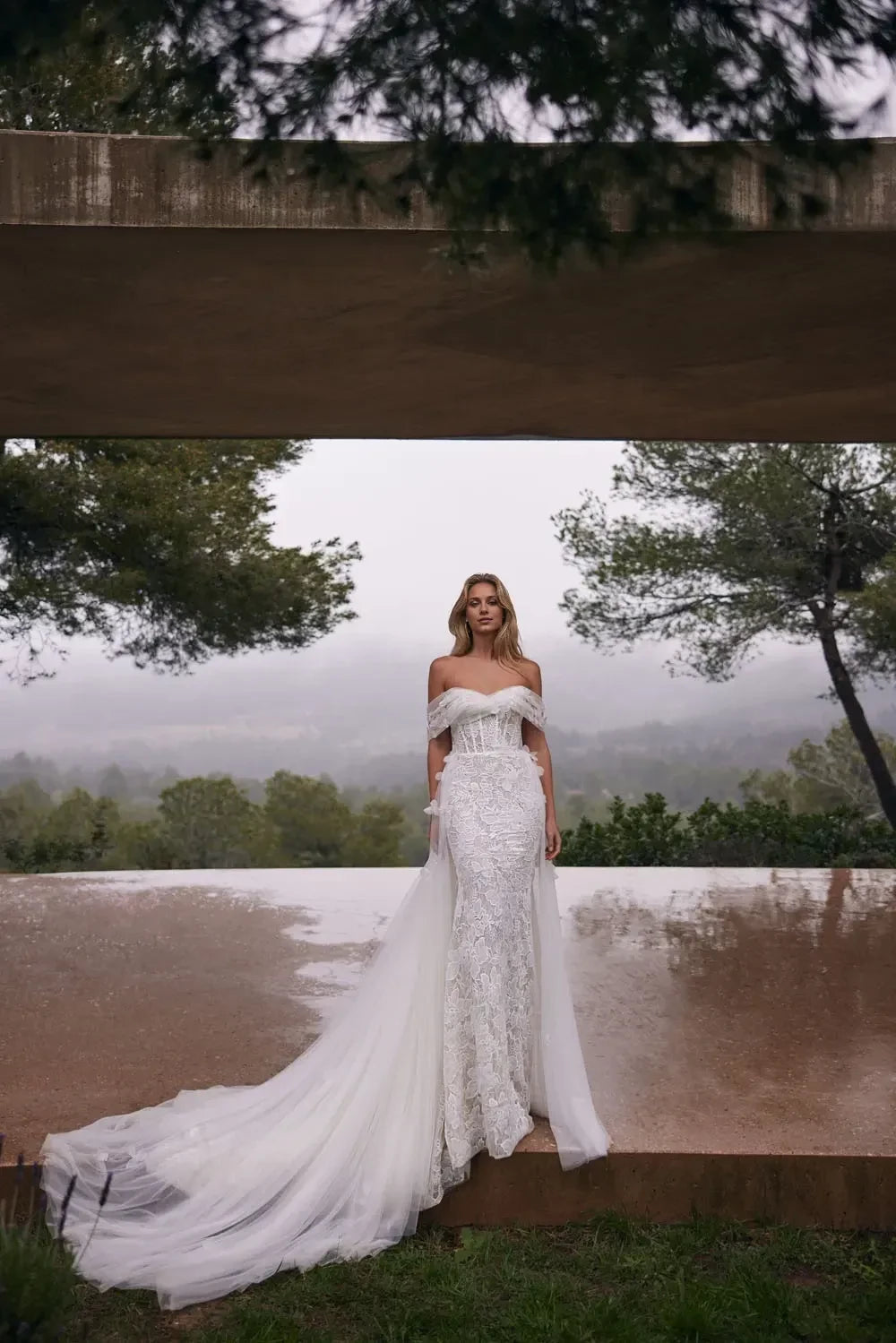 Gorgeous Off Shoulder Mermaid Lace Floral Accent Zip Back Train Length Wedding Dress