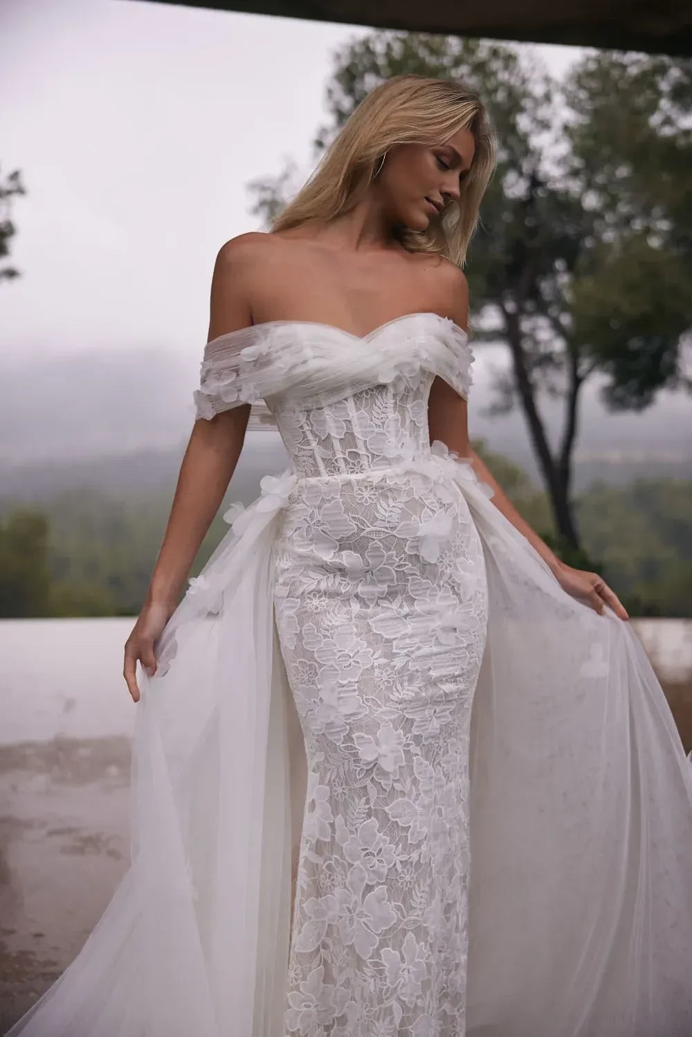 Gorgeous Off Shoulder Mermaid Lace Floral Accent Zip Back Train Length Wedding Dress