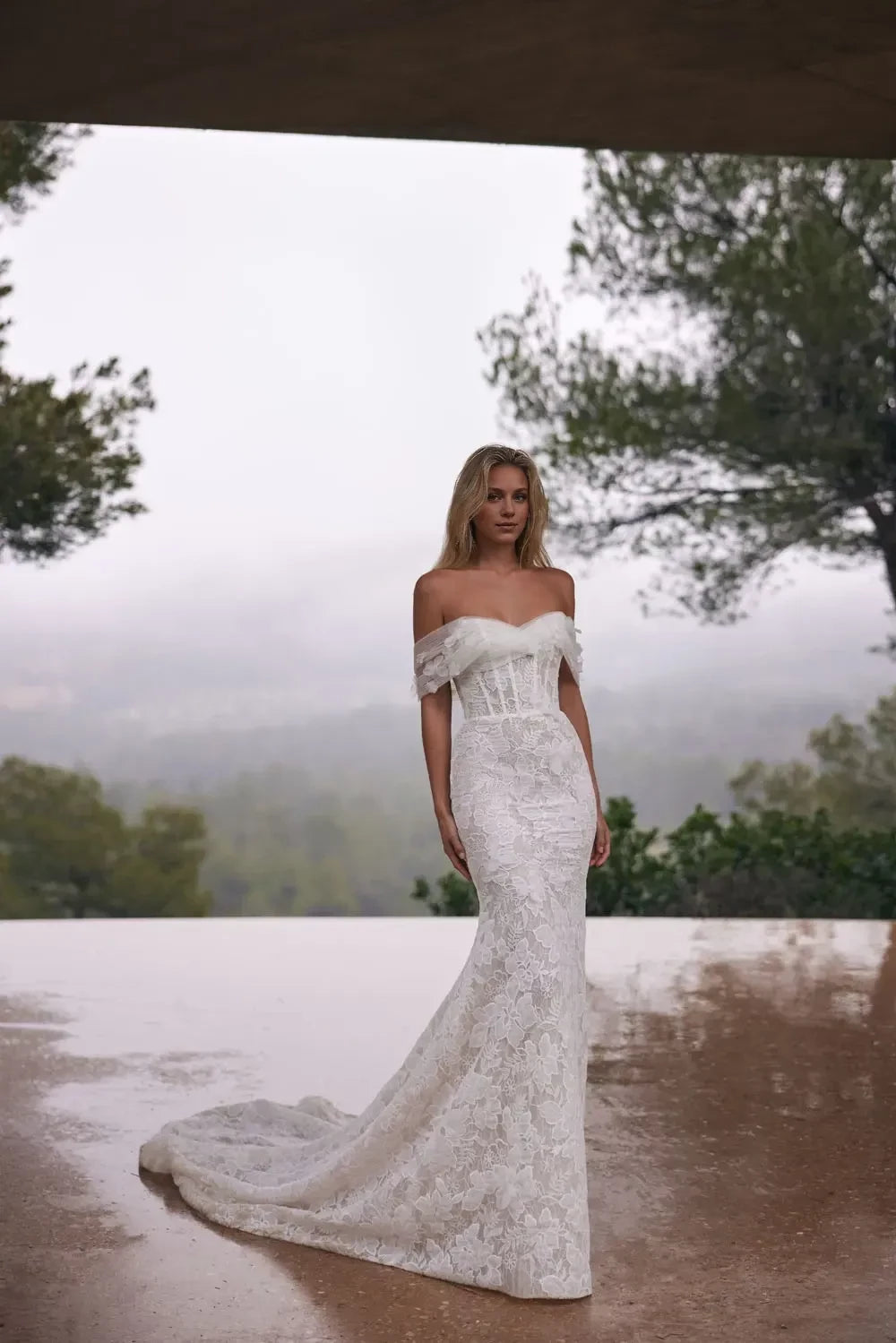 Gorgeous Off Shoulder Mermaid Lace Floral Accent Zip Back Train Length Wedding Dress