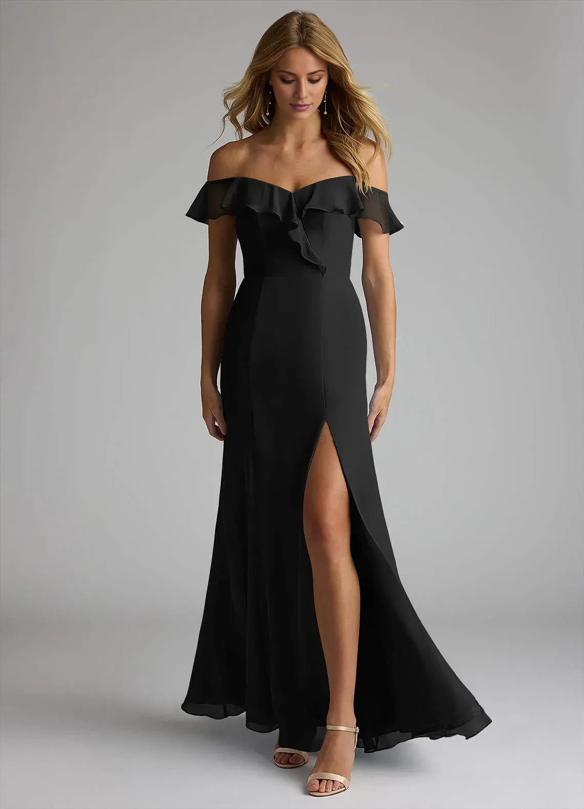 Gorgeous Off Shoulder Ruffled Sleeve Zipper Back Floor Length Bridesmaid Dress