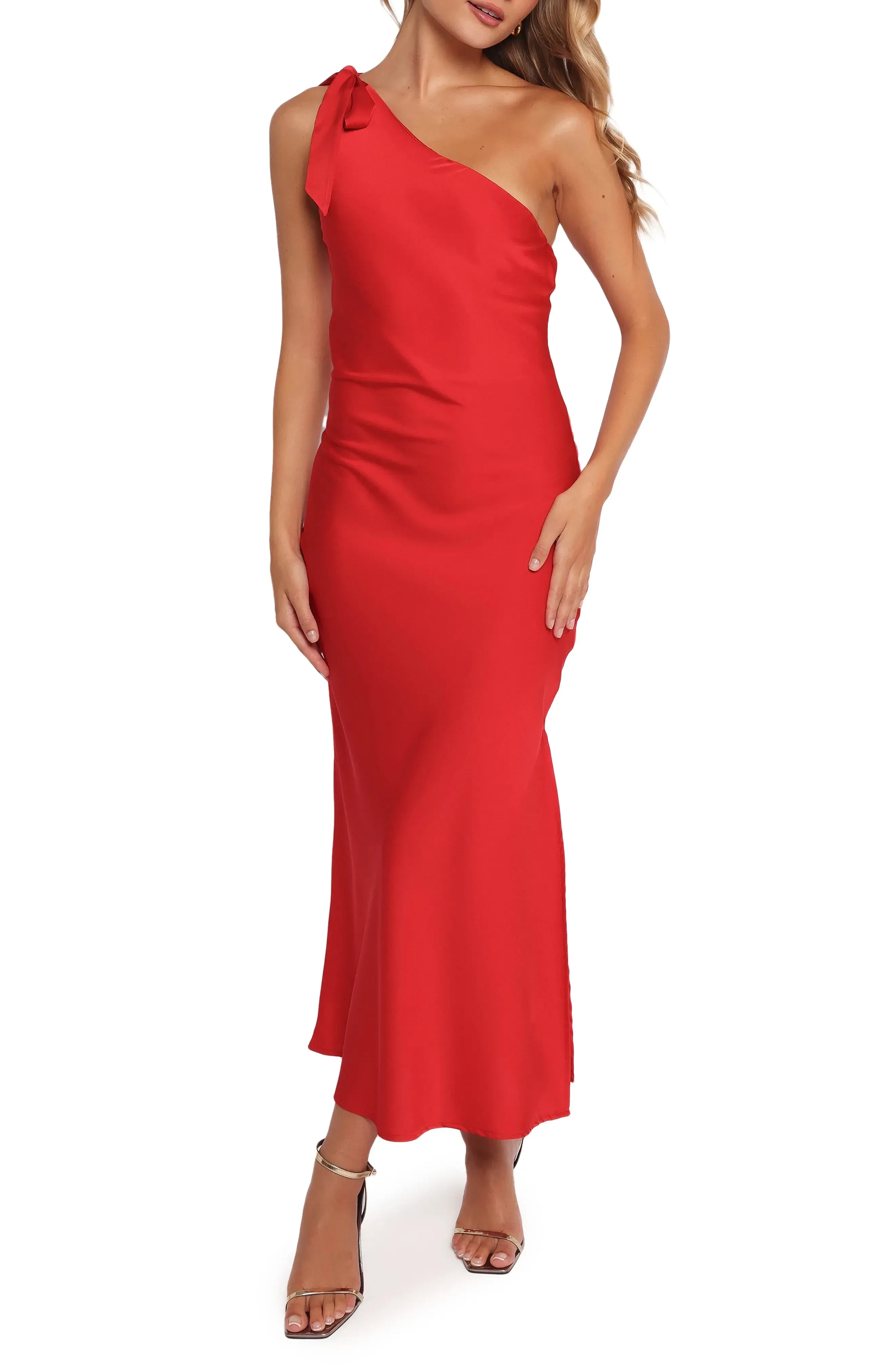 Gorgeous One Shoulder Sleeveless Open Back Midi Length Evening Dress