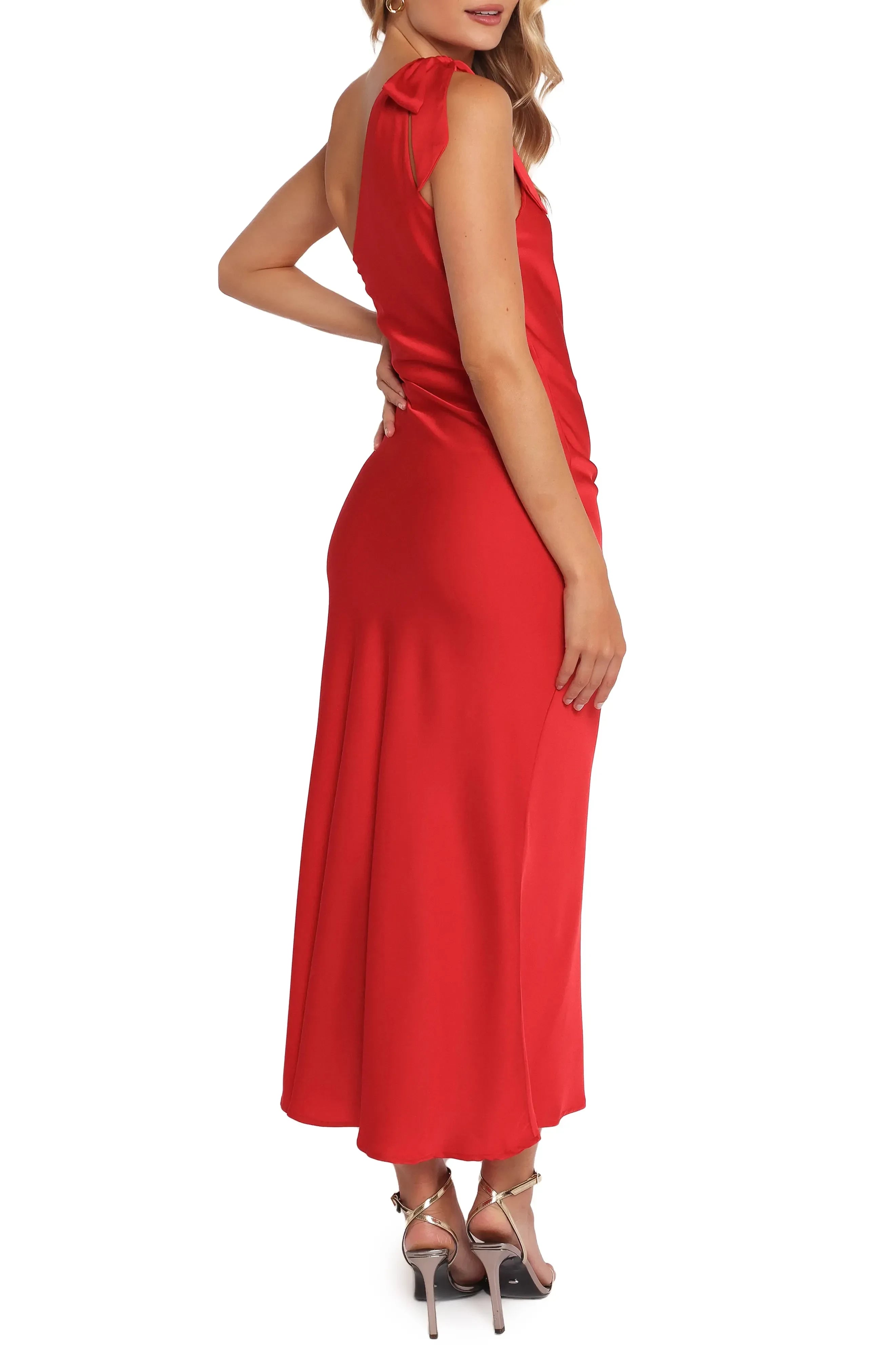 Gorgeous One Shoulder Sleeveless Open Back Midi Length Evening Dress