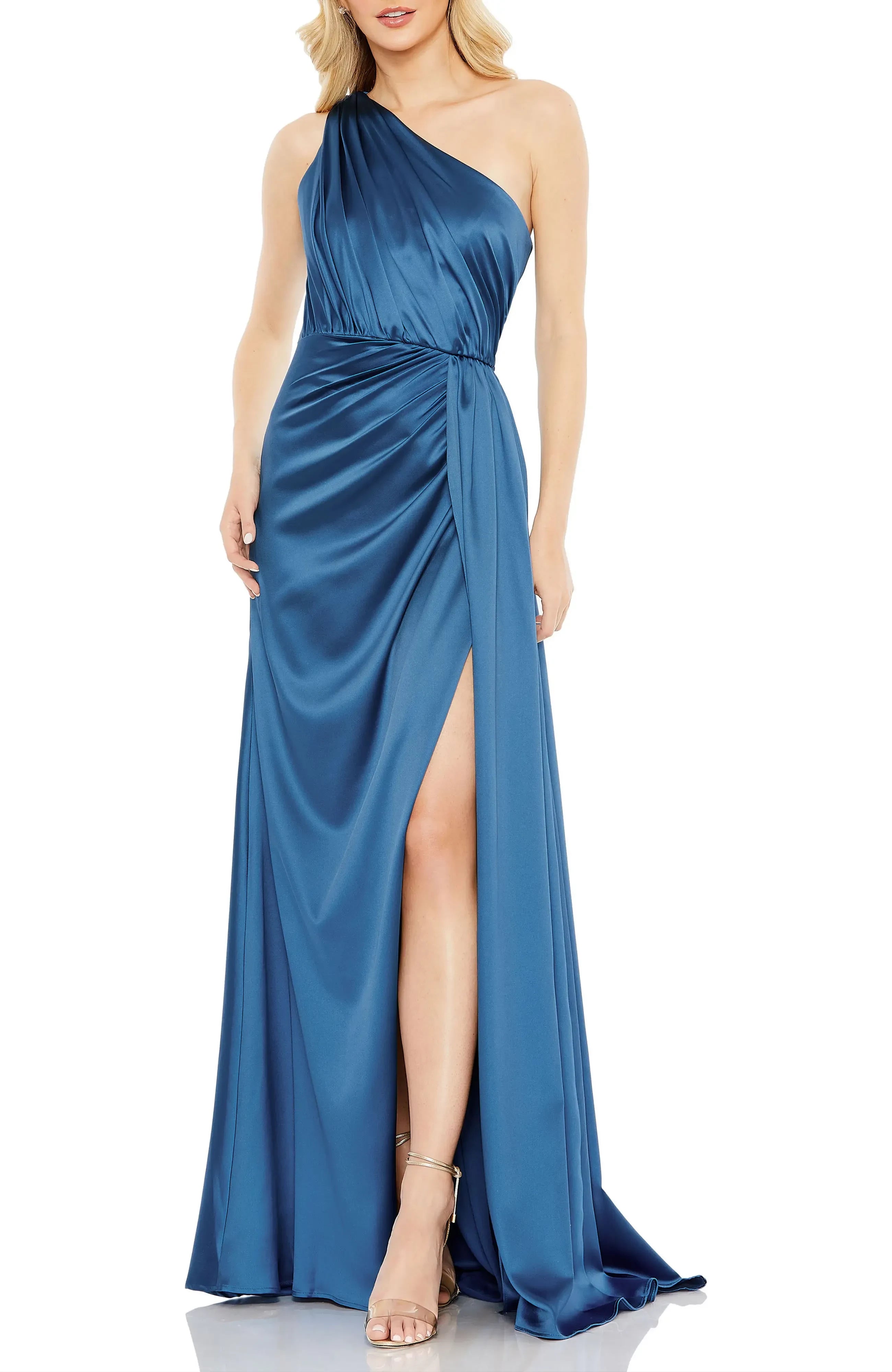 Gorgeous One Shoulder Sleeveless Ruched Back Floor Length Evening Dress