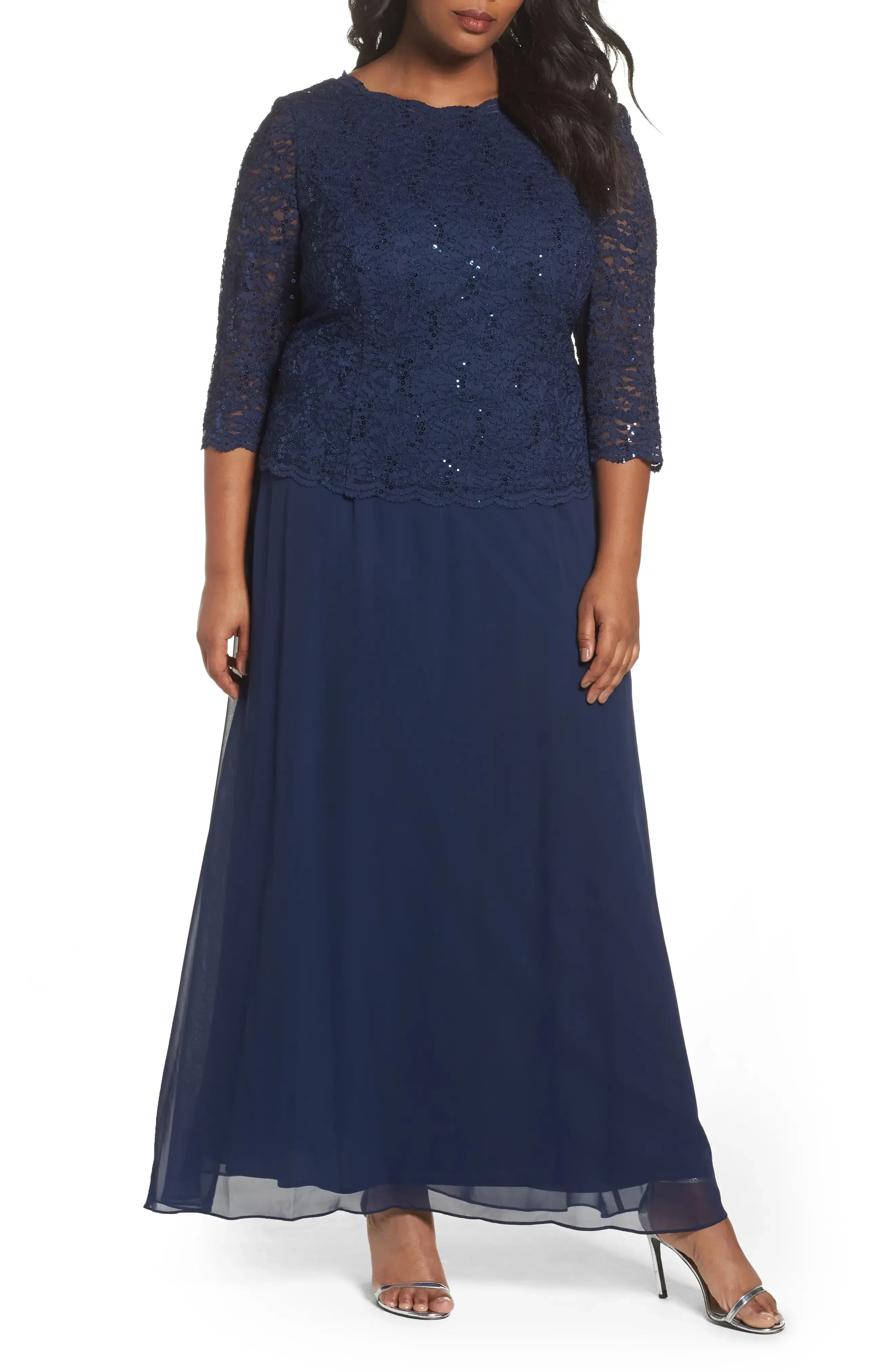 Gorgeous Plus Size A Line Crew Neck Three Quarter Sleeve Zipper Back Floor Length Evening Dress