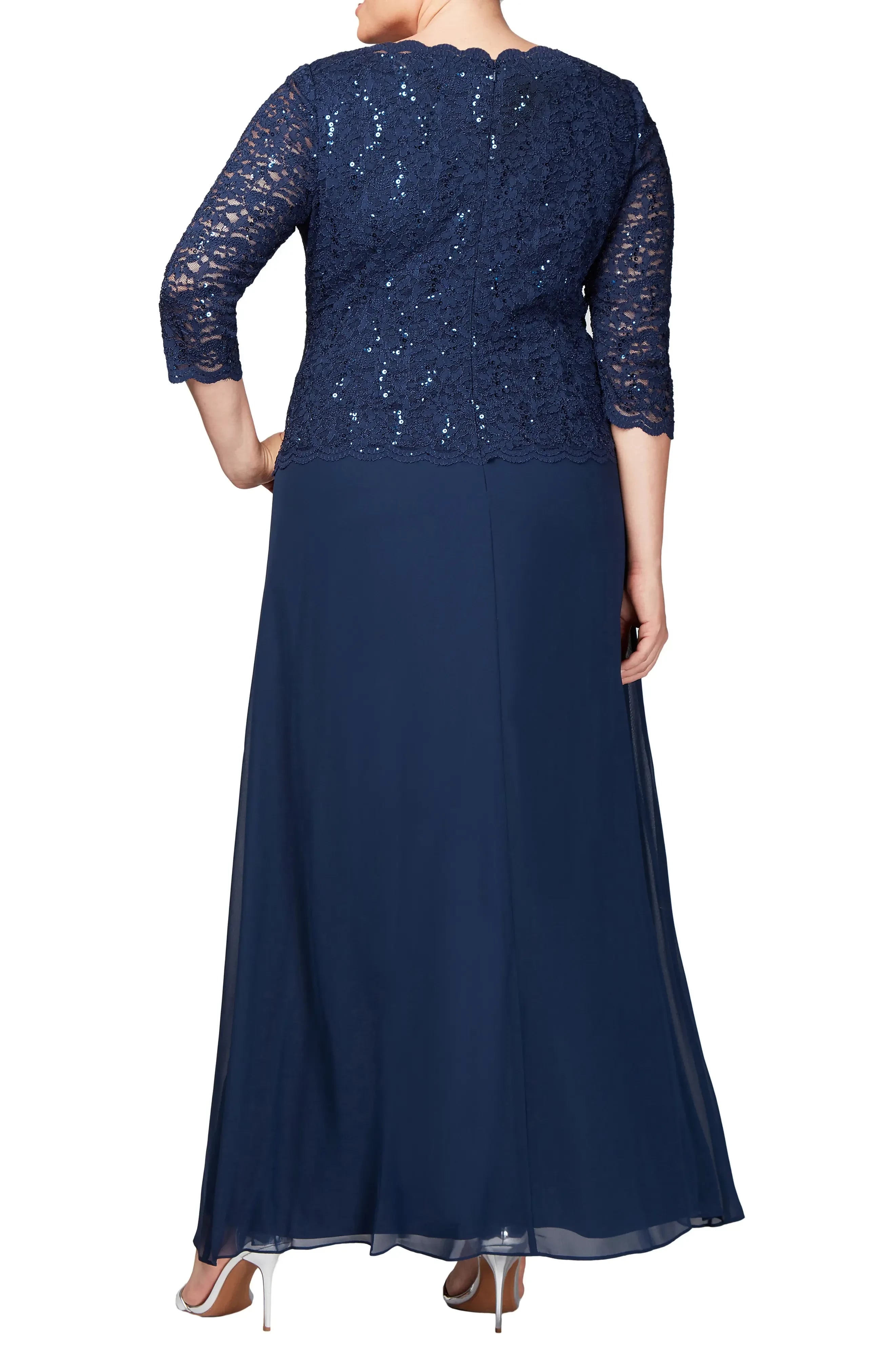 Gorgeous Plus Size A Line Crew Neck Three Quarter Sleeve Zipper Back Floor Length Evening Dress