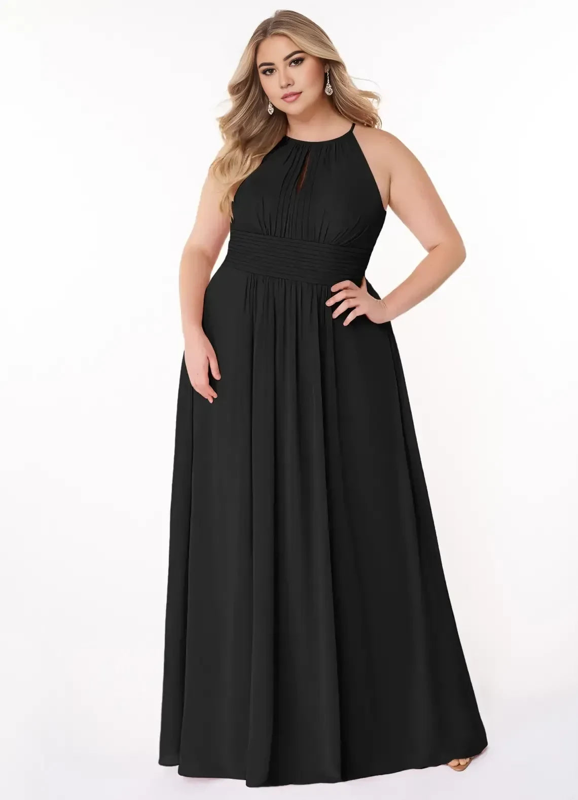 Gorgeous Plus Size A Line Halter Neck Sleeveless Keyhole Back Floor Length Bridesmaid Dress