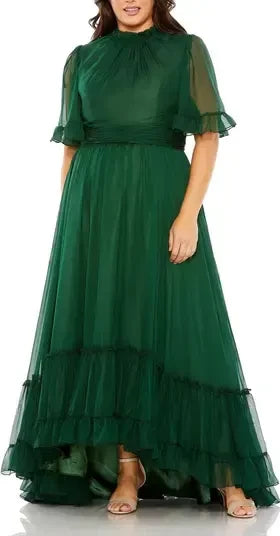 Gorgeous Plus Size A Line High Neck Flutter Sleeve Zipper Back Floor Length Evening Dress
