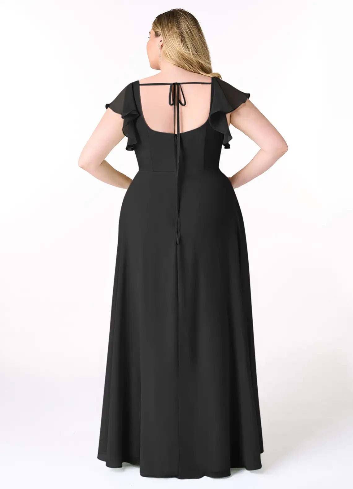 Gorgeous Plus Size A Line Square Neck Flutter Sleeve Tie Back Floor Length Bridesmaid Dress