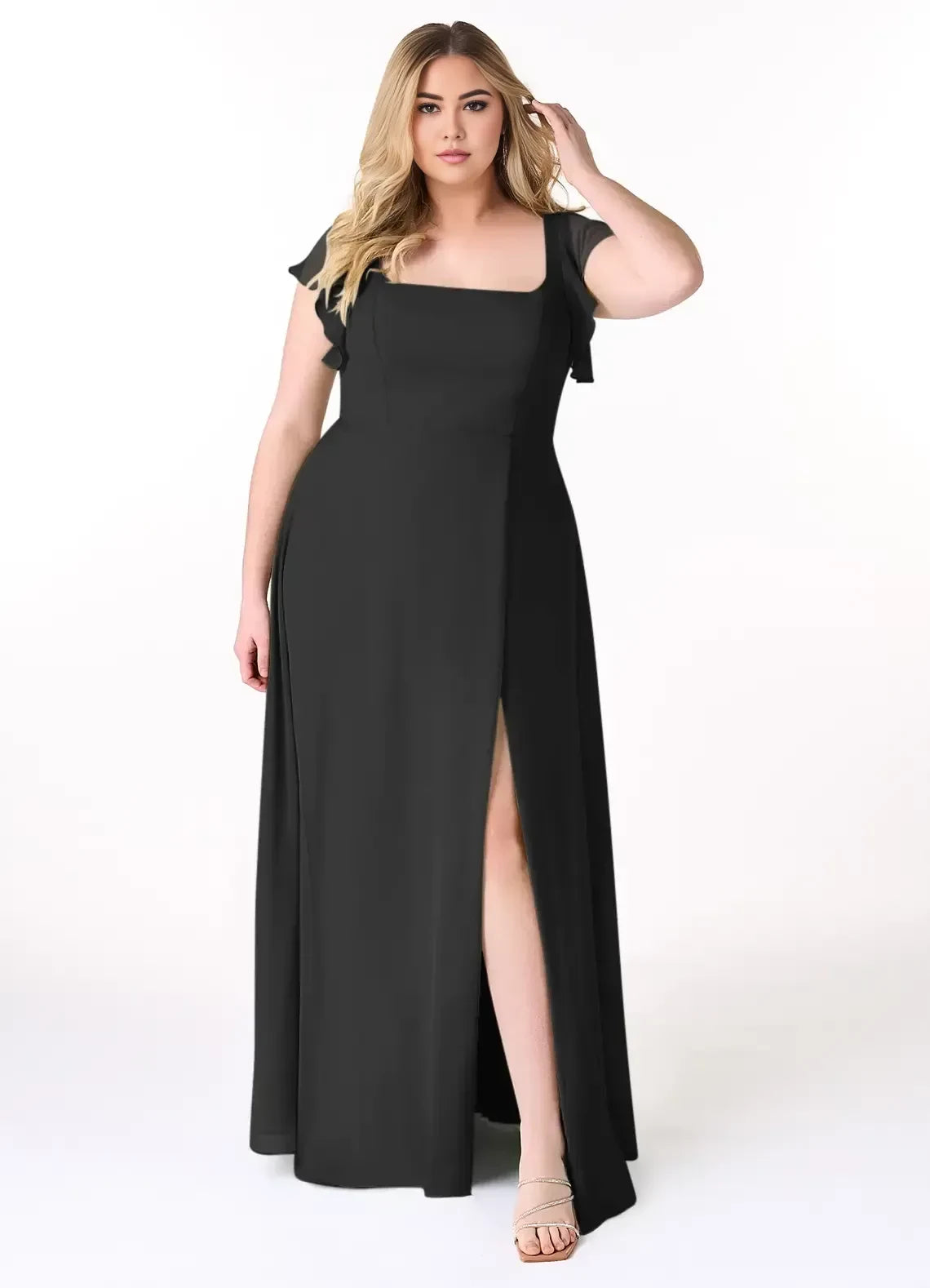 Gorgeous Plus Size A Line Square Neck Flutter Sleeve Tie Back Floor Length Bridesmaid Dress