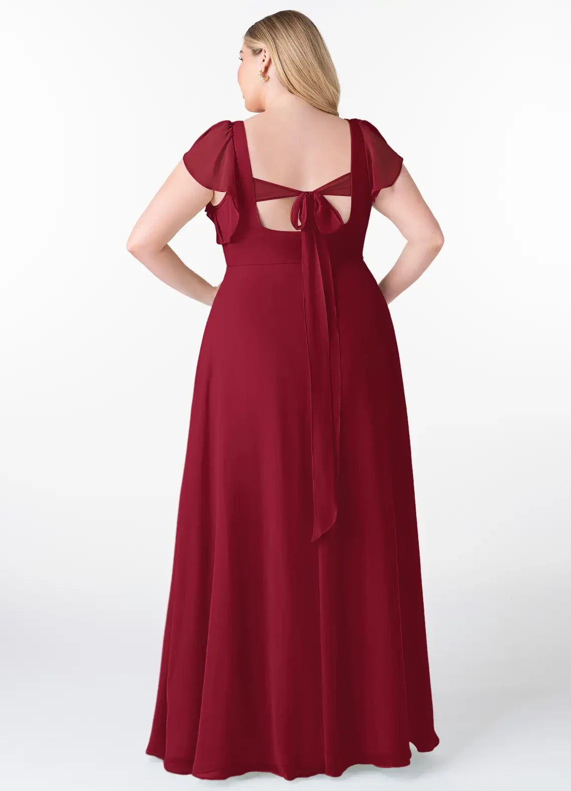 Gorgeous Plus Size A Line Sweetheart Neck Ruffled Sleeve Bow Back Floor Length Bridesmaid Dress