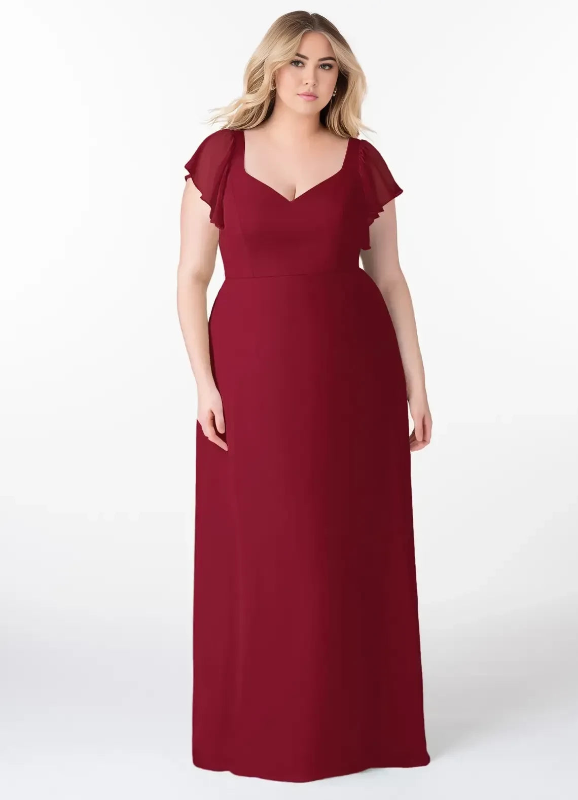 Gorgeous Plus Size A Line Sweetheart Neck Ruffled Sleeve Bow Back Floor Length Bridesmaid Dress