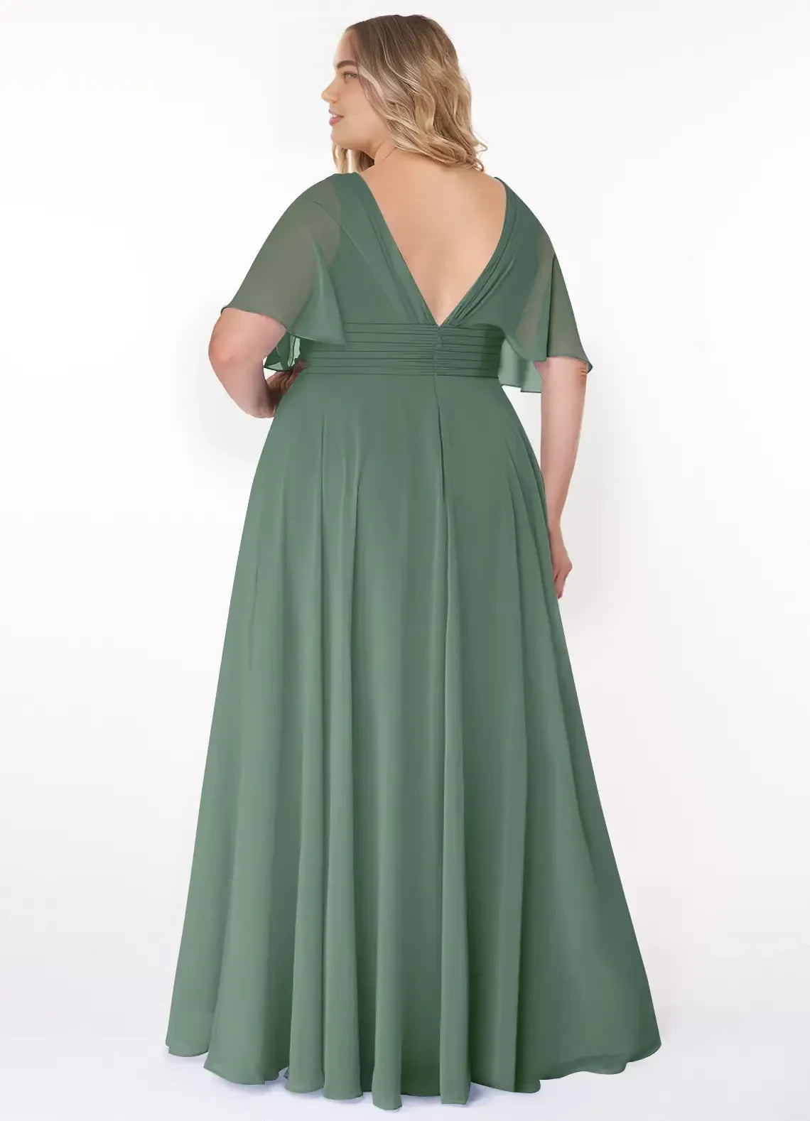 Gorgeous Plus Size A Line V Neck Flutter Sleeve Low Back Floor Length Bridesmaid Dress