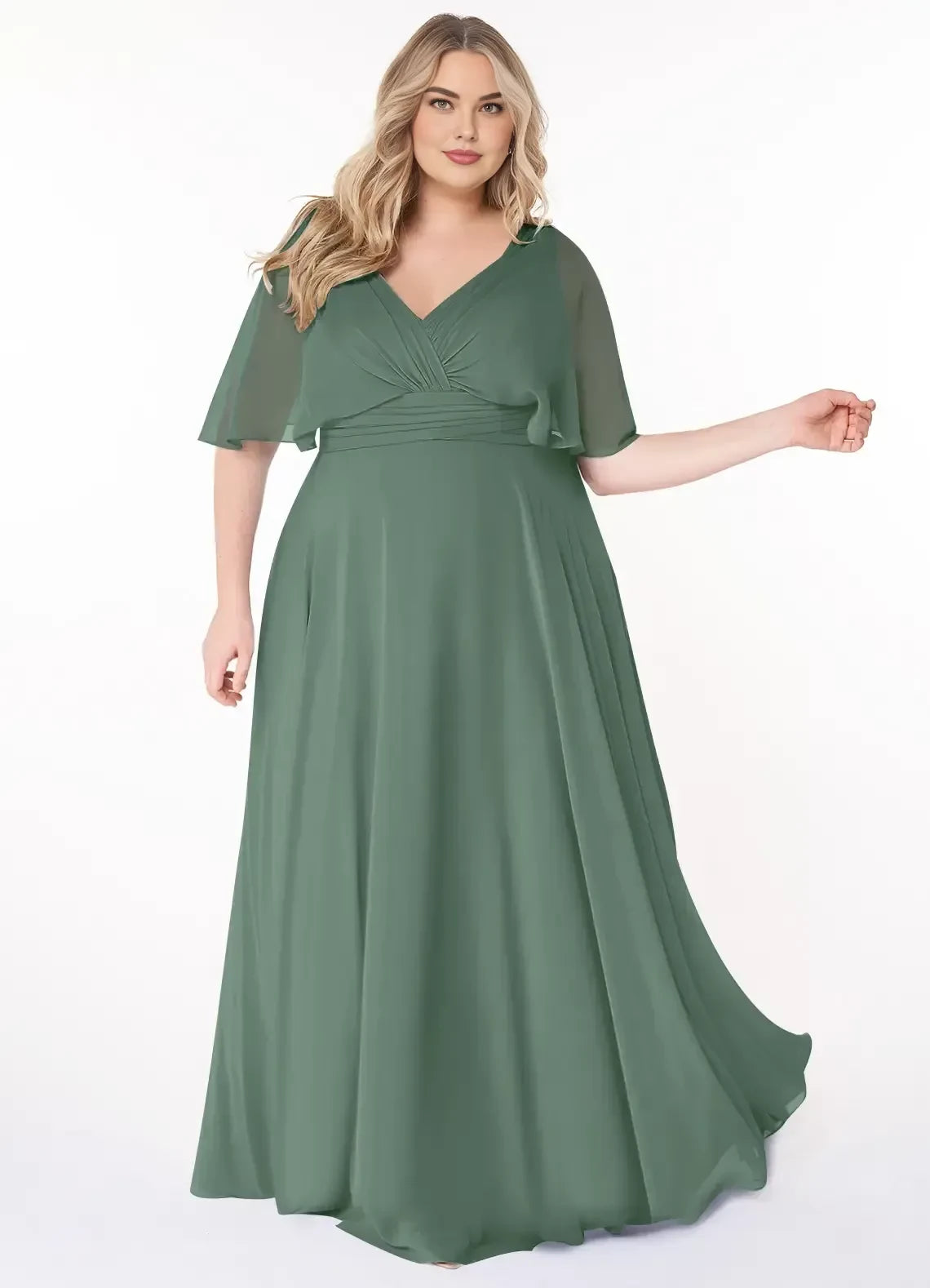 Gorgeous Plus Size A Line V Neck Flutter Sleeve Low Back Floor Length Bridesmaid Dress