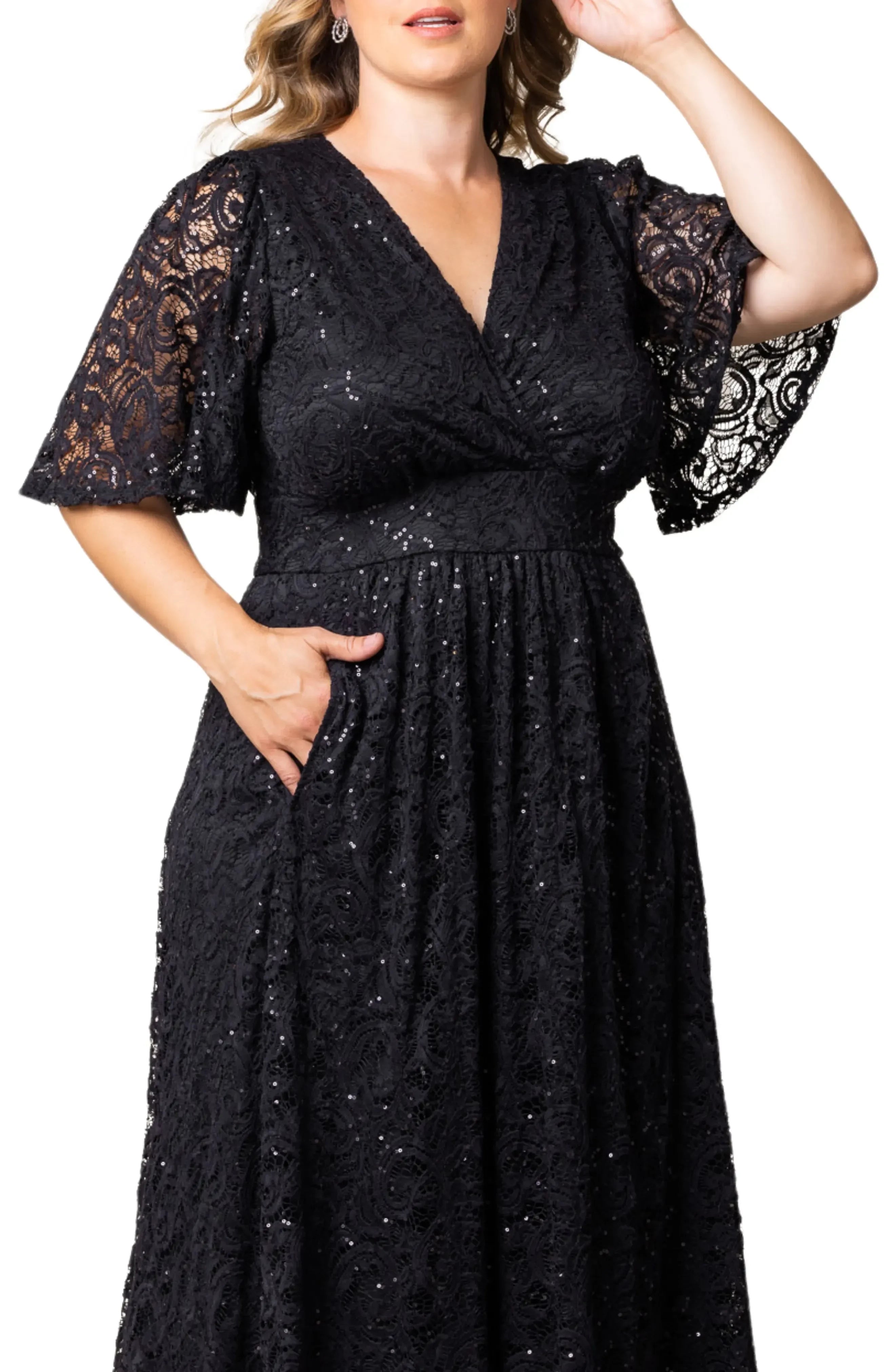 Gorgeous Plus Size A Line V Neck Flutter Sleeve Zipper Back Midi Evening Dress