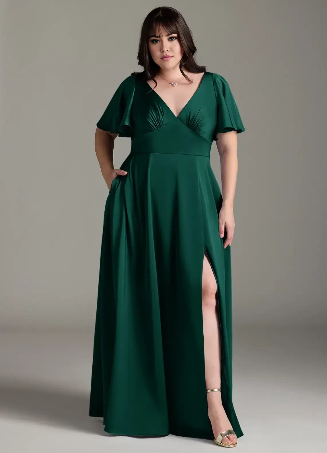 Gorgeous Plus Size A Line V Neck Ruffled Sleeve Bow Back Floor Length Bridesmaid Dress