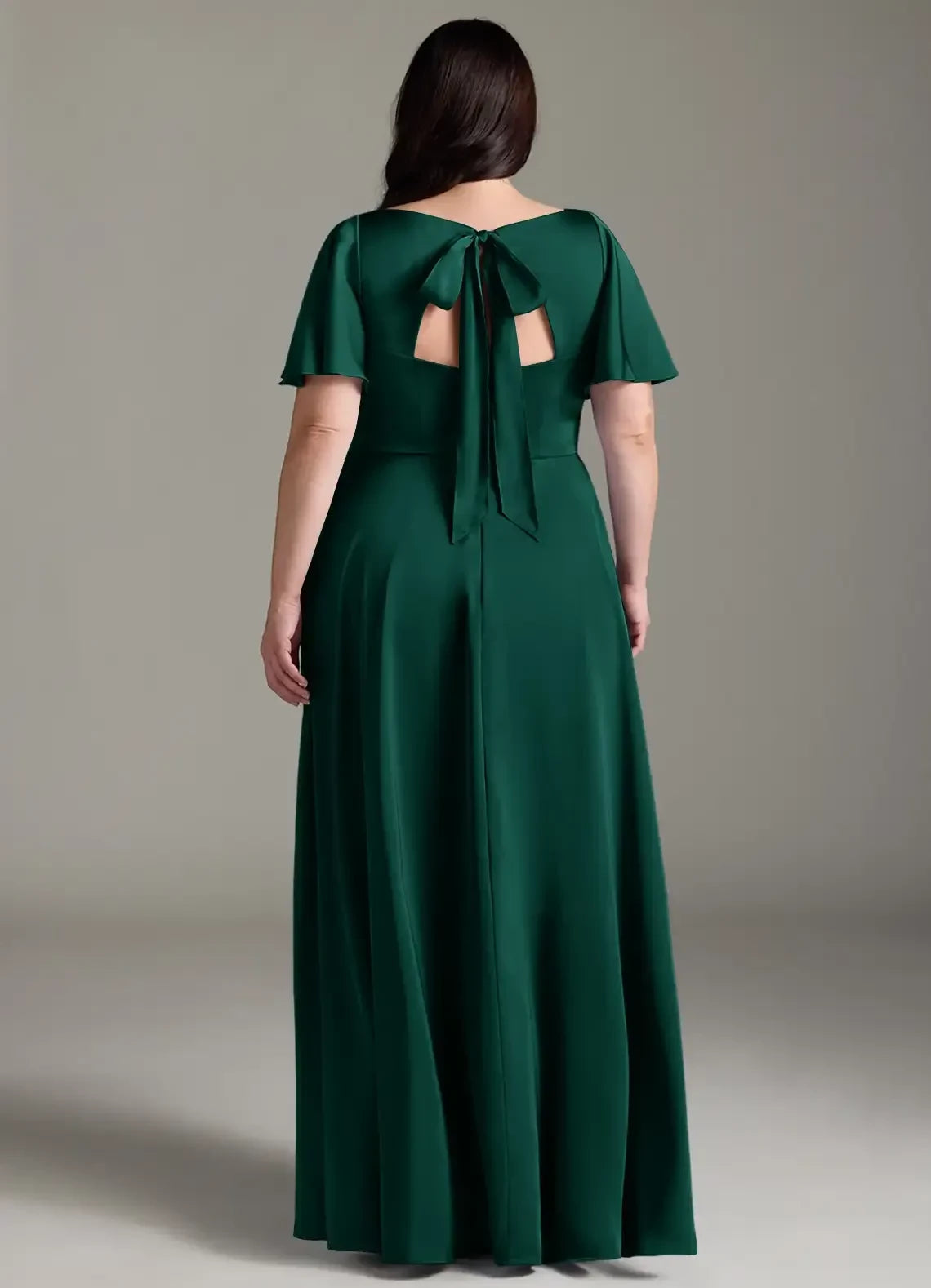 Gorgeous Plus Size A Line V Neck Ruffled Sleeve Bow Back Floor Length Bridesmaid Dress