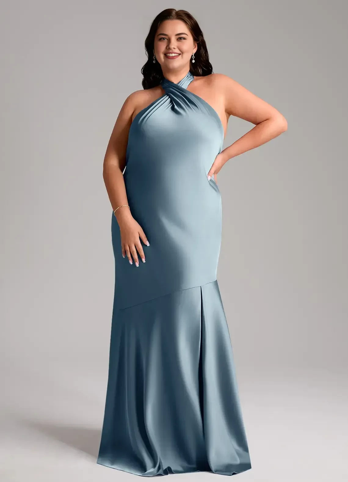 Gorgeous Plus Size Mermaid Halter Neck Sleeveless Open Back Floor Length Bridesmaid Dress