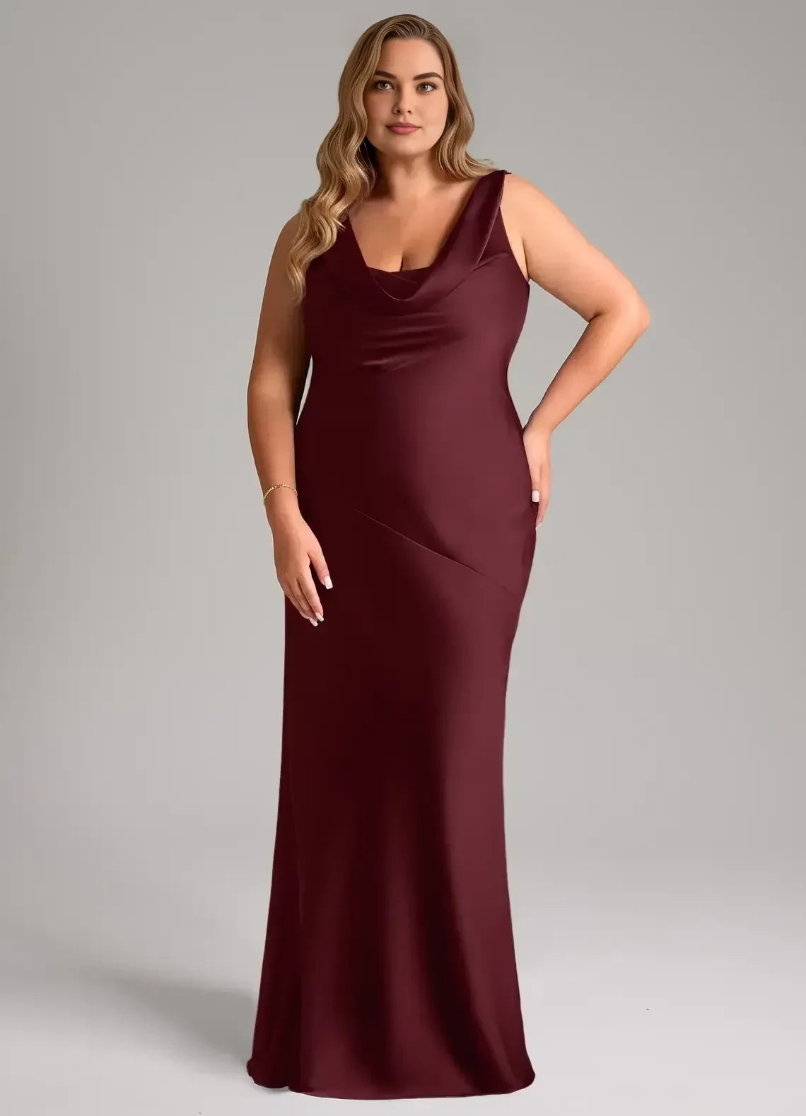 Gorgeous Plus Size Sheath Cowl Neck Sleeveless Tie Back Floor Length Bridesmaid Dress