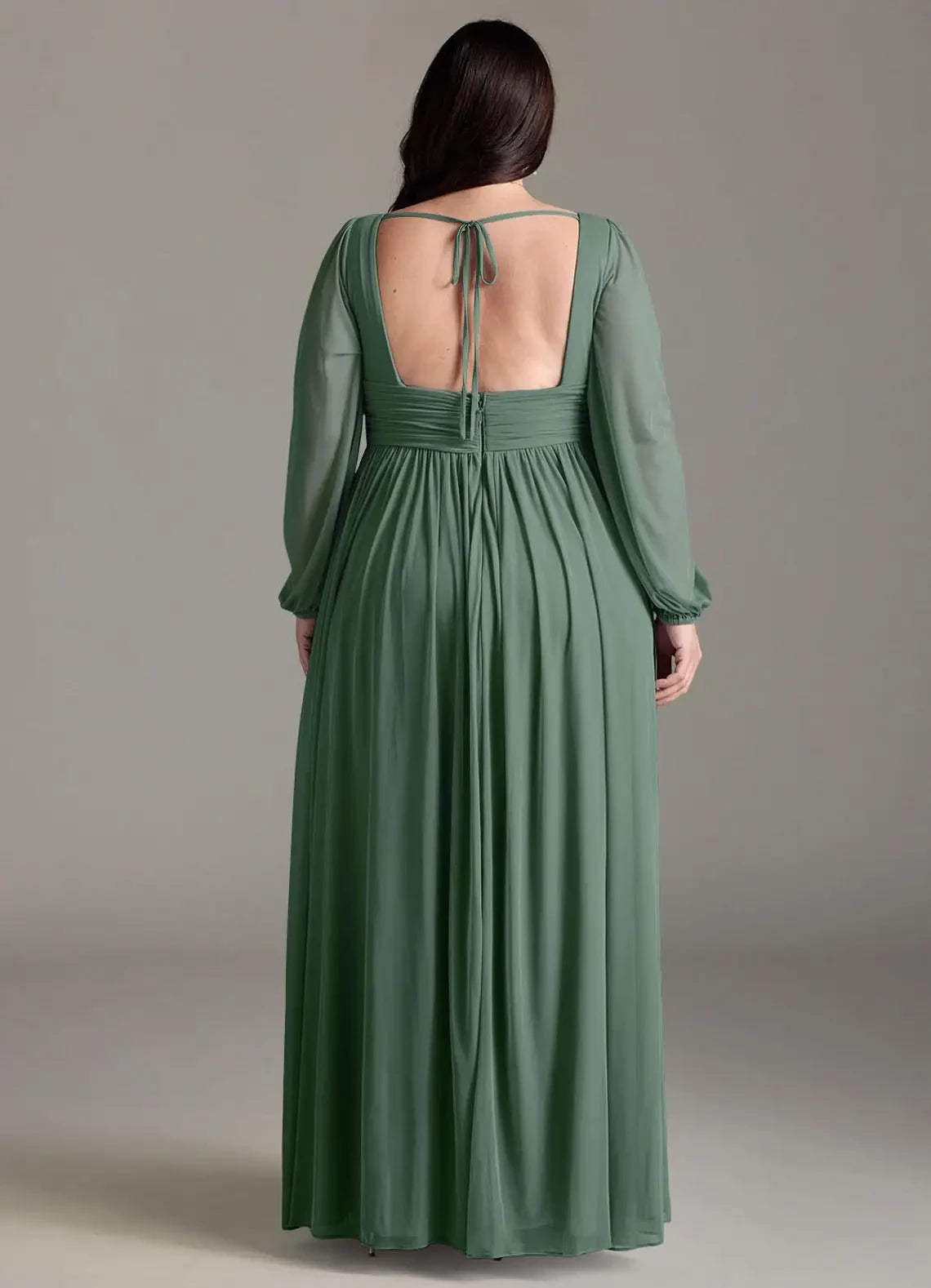 Gorgeous Plus Size Sheath Deep V Neck Puff Long Sleeve Tie Back Floor Length Bridesmaid Dress