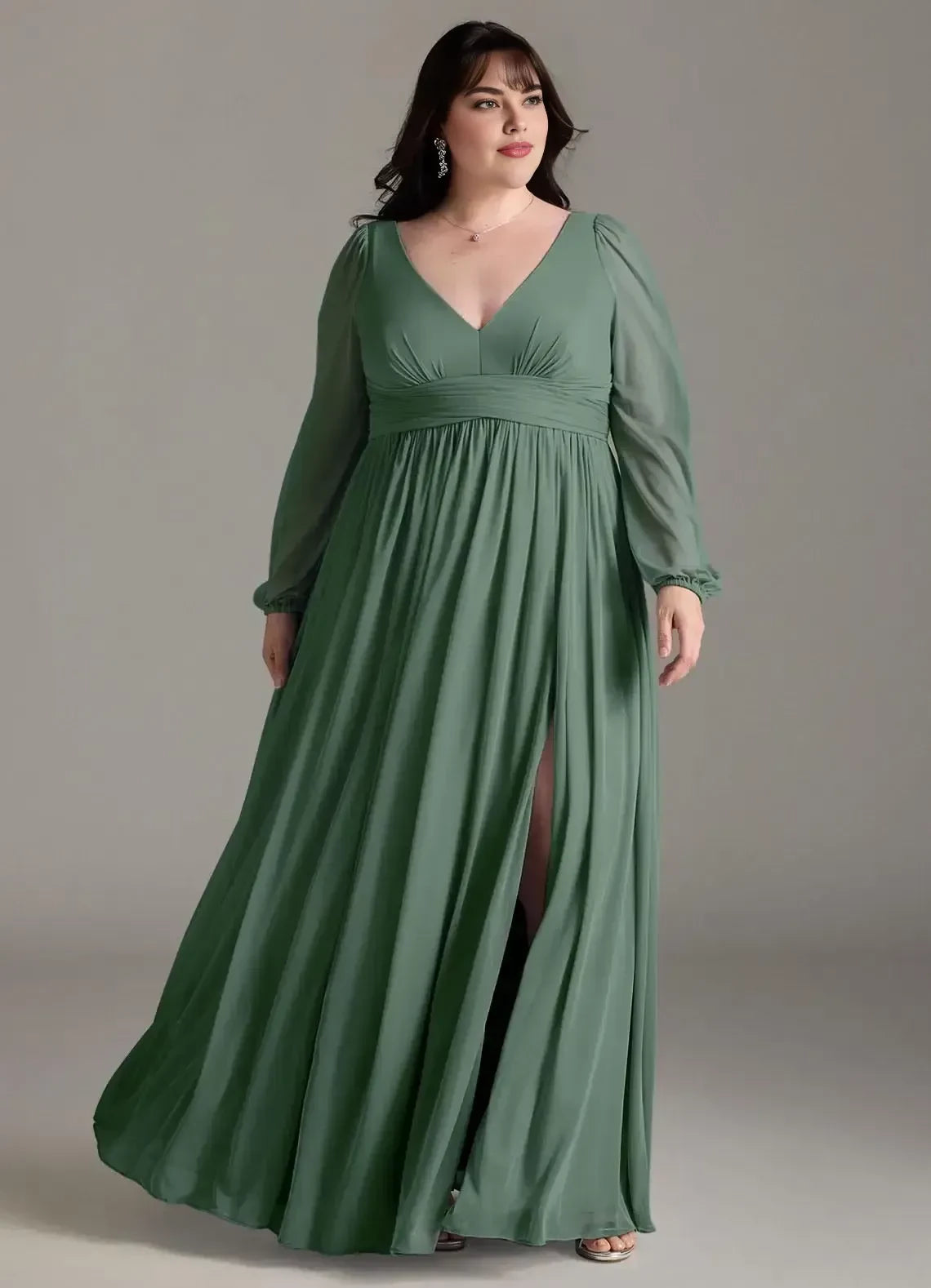 Gorgeous Plus Size Sheath Deep V Neck Puff Long Sleeve Tie Back Floor Length Bridesmaid Dress