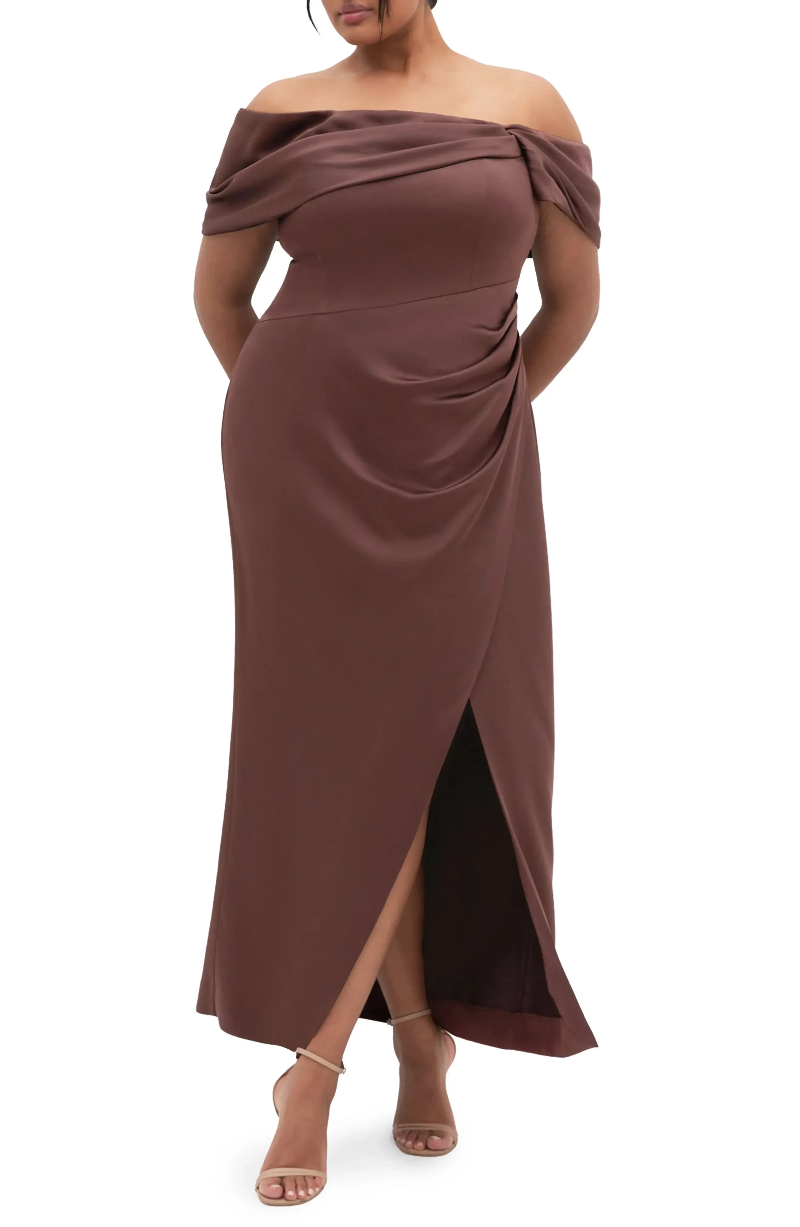 Gorgeous Plus Size Sheath Off Shoulder Short Sleeve Solid Back Floor Length Evening Dress