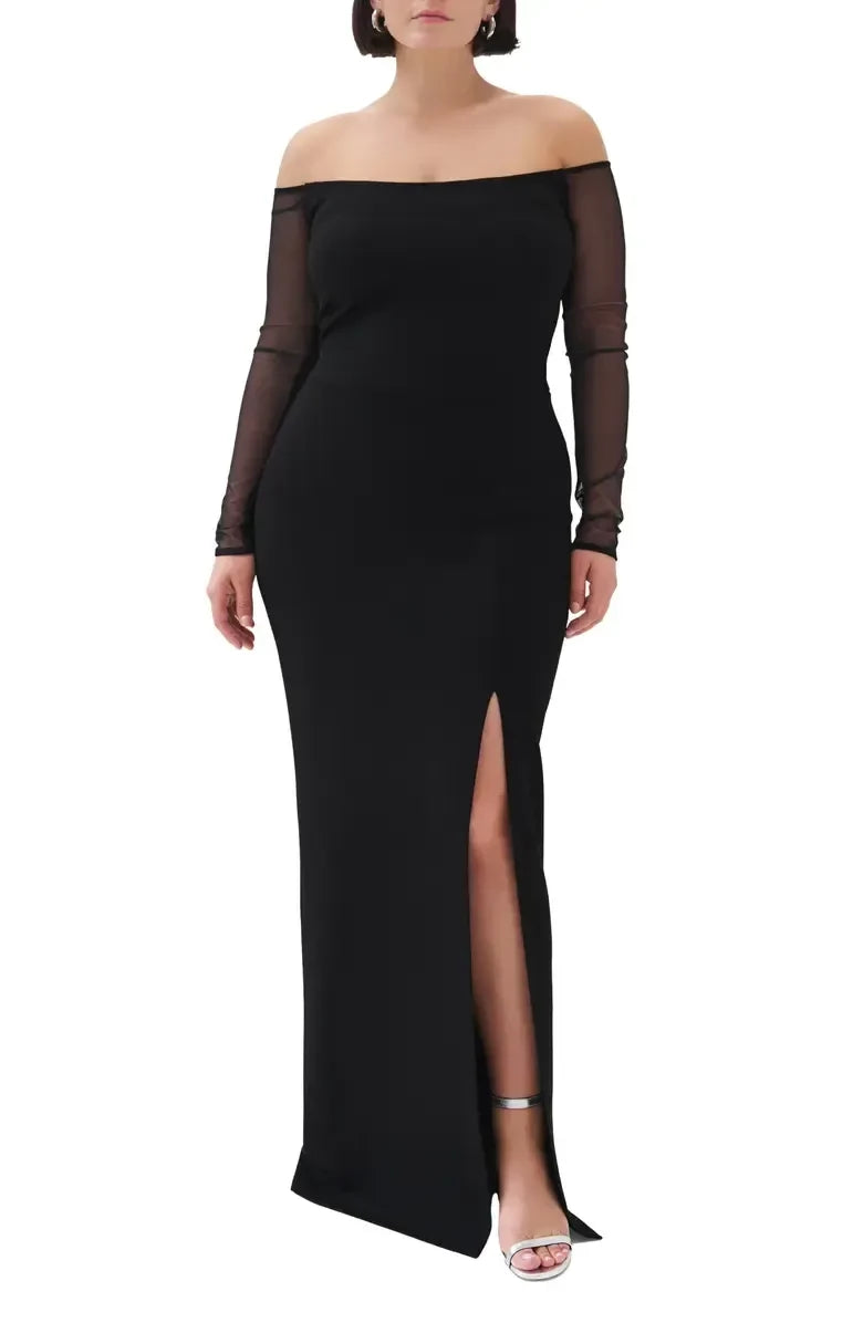 Gorgeous Plus Size Sheath Off The Shoulder Mesh Long Sleeve Zipper Back Floor Length Evening Dress