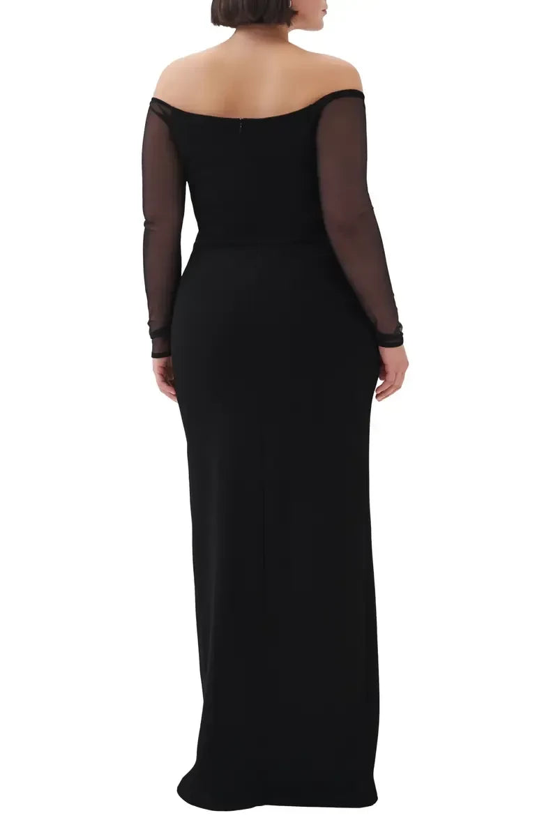 Gorgeous Plus Size Sheath Off The Shoulder Mesh Long Sleeve Zipper Back Floor Length Evening Dress