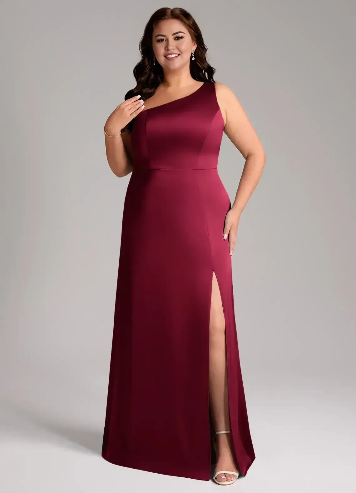 Gorgeous Plus Size Sheath One Shoulder Sleeveless Open Back Floor Length Bridesmaid Dress
