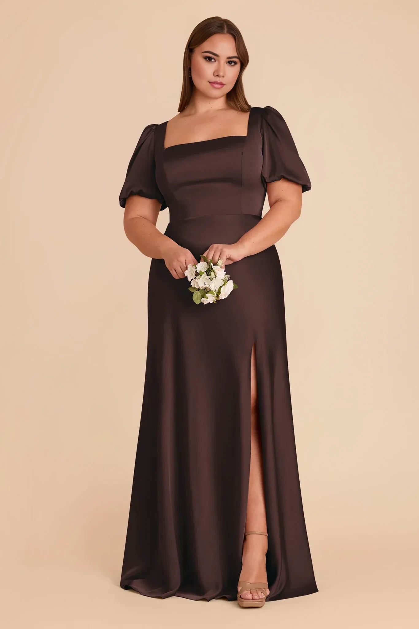 Gorgeous Plus Size Sheath Square Neck Puff Sleeve Tie Back Floor Length Bridesmaid Dress