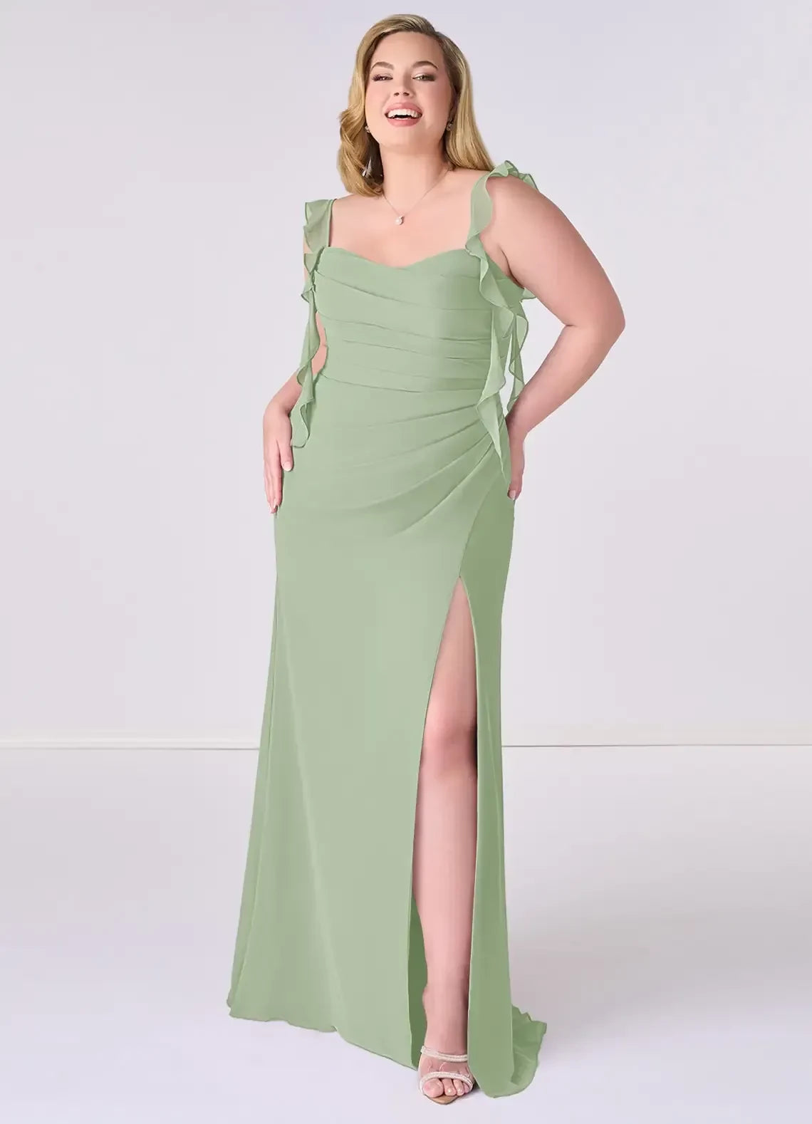 Gorgeous Plus Size Sheath Sweetheart Ruffled Strap Lace Up Back Floor Length Bridesmaid Dress