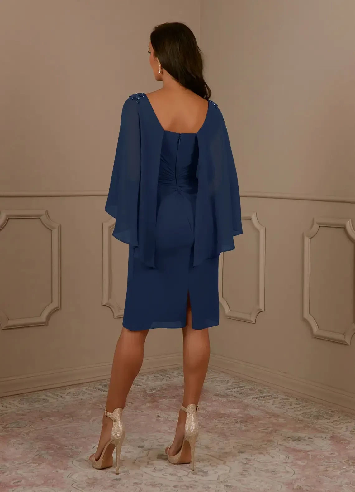 Gorgeous Sheath Boat Neck Cape Sleeve Zipper Back Knee Length Mother of the Bride Dress