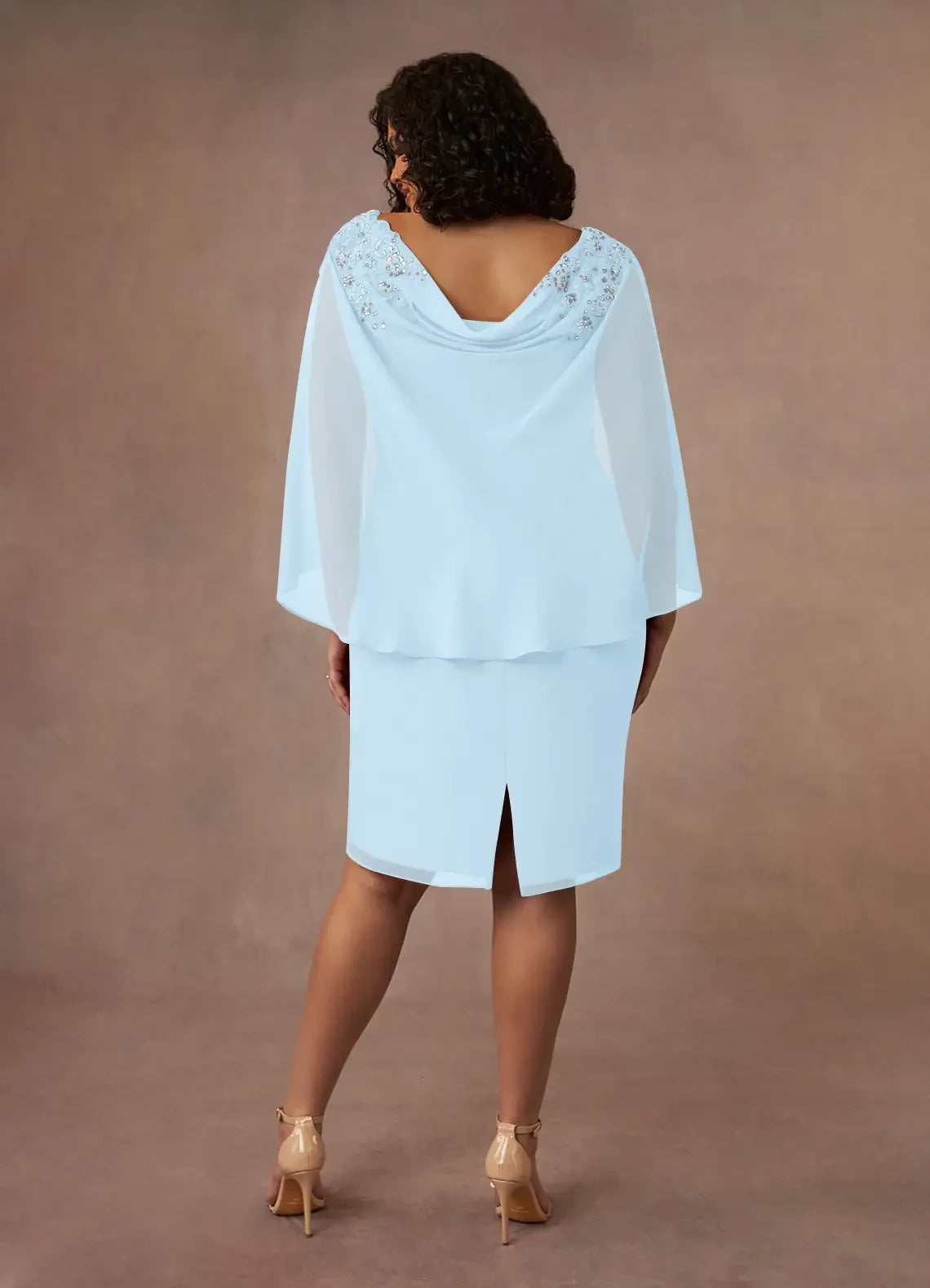 Gorgeous Sheath Boat Neck Chiffon Cape Sleeve Zipper Back Plus Size Knee Length Mother of the Bride Dress