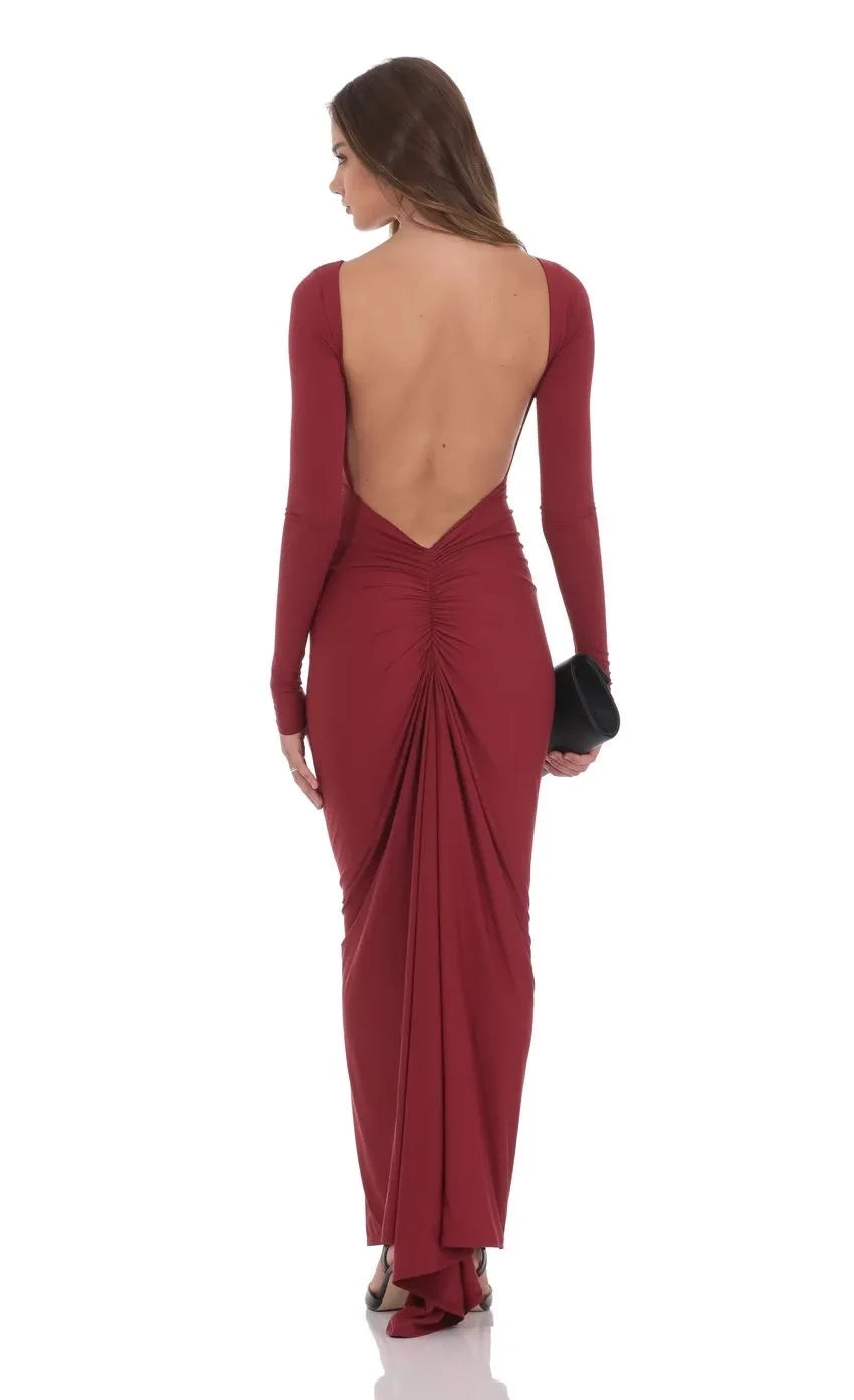 Gorgeous Sheath Boat Neck Long Sleeve Open Back Floor Length Evening Dress