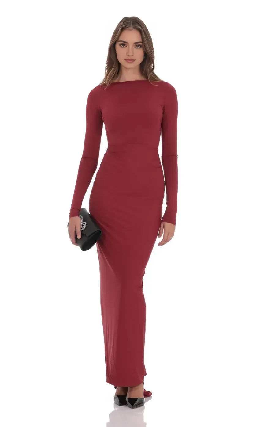 Gorgeous Sheath Boat Neck Long Sleeve Open Back Floor Length Evening Dress