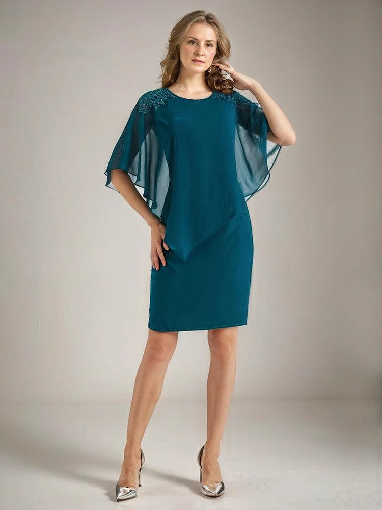 Gorgeous Sheath Crew Neck Flutter Sleeve Open Back Knee Length Mother of the Bride Dress