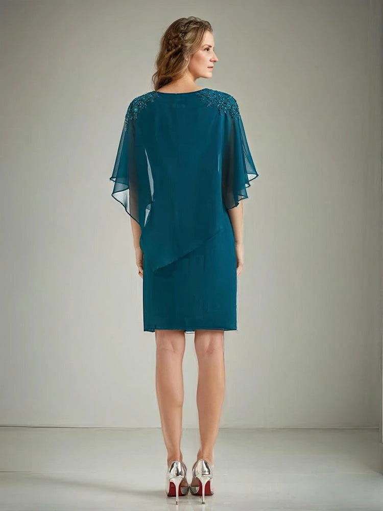 Gorgeous Sheath Crew Neck Flutter Sleeve Open Back Knee Length Mother of the Bride Dress