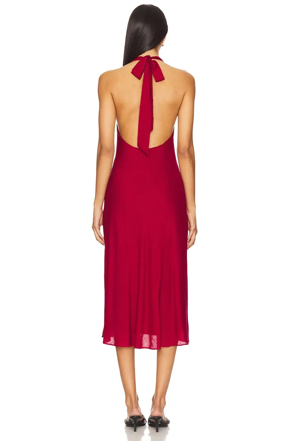 Chic Sheath Halter Neck Sleeveless Tie Back Midi Length Evening Dress