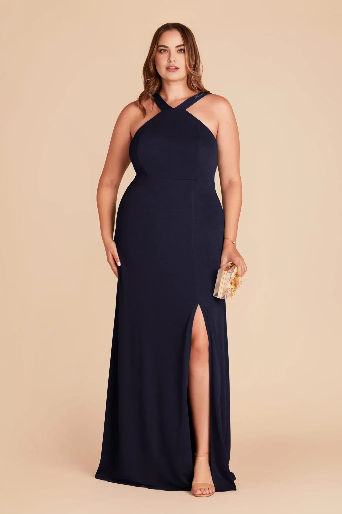 Gorgeous Sheath Halter Neck Sleeveless Zip Back Floor Length Plus Size Bridesmaid Dress