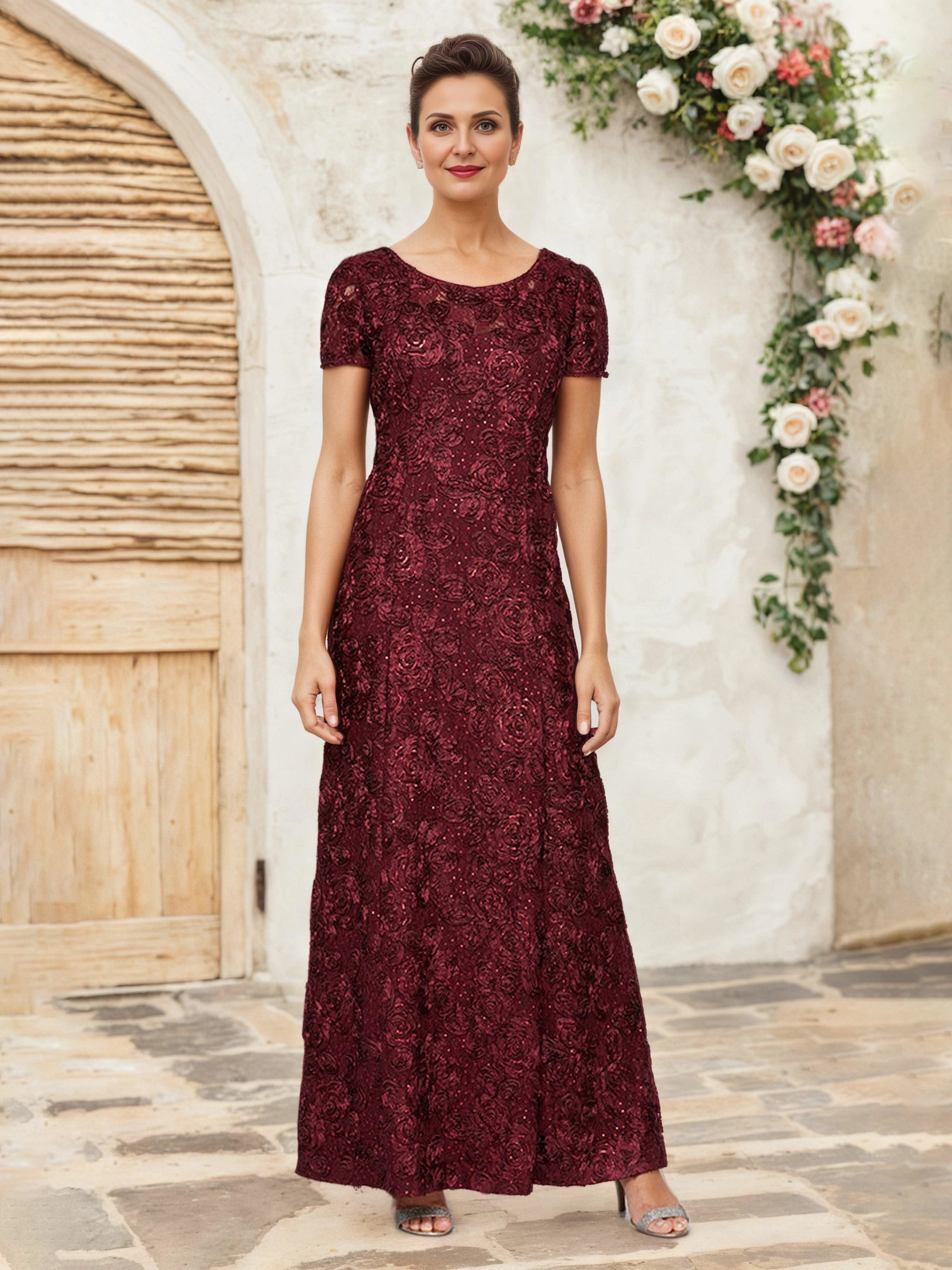 Gorgeous Sheath Jewel Neck Short Sleeve Zip Back Floor Length Mother of the Bride Dress