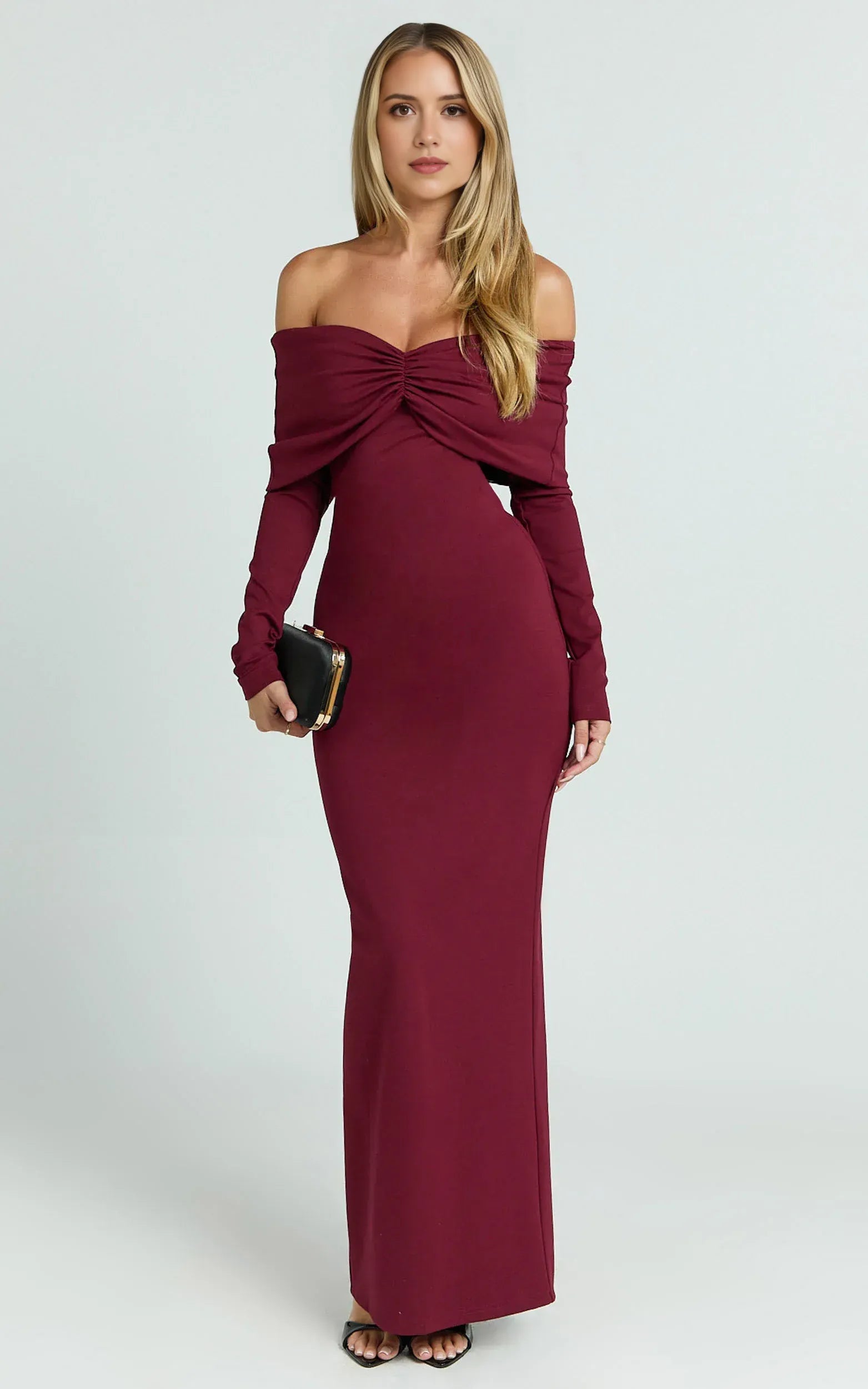 Gorgeous Sheath Off Shoulder Long Sleeve Ruched Back Floor Length Plus Size Evening Dress
