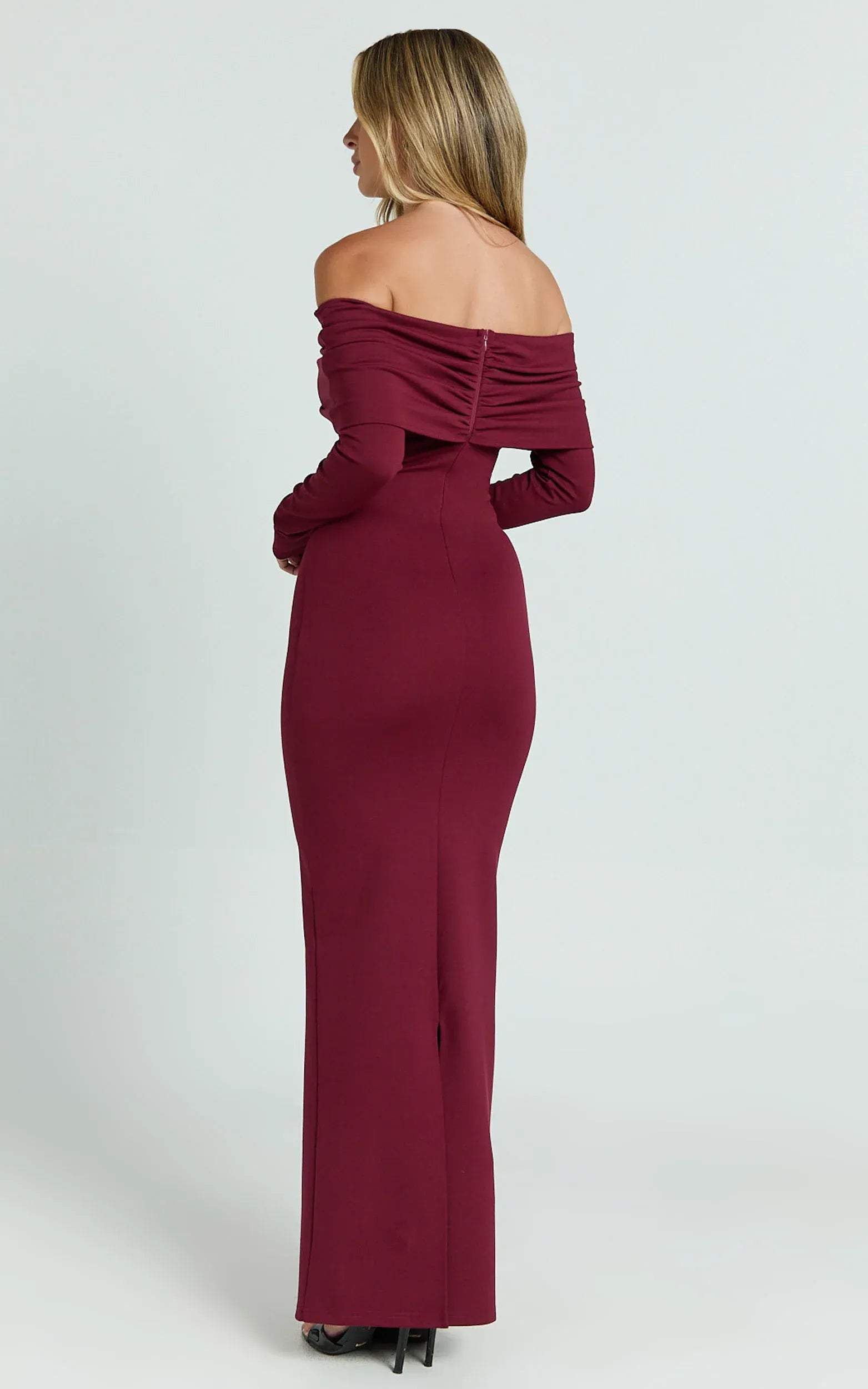 Gorgeous Sheath Off Shoulder Long Sleeve Ruched Back Floor Length Plus Size Evening Dress