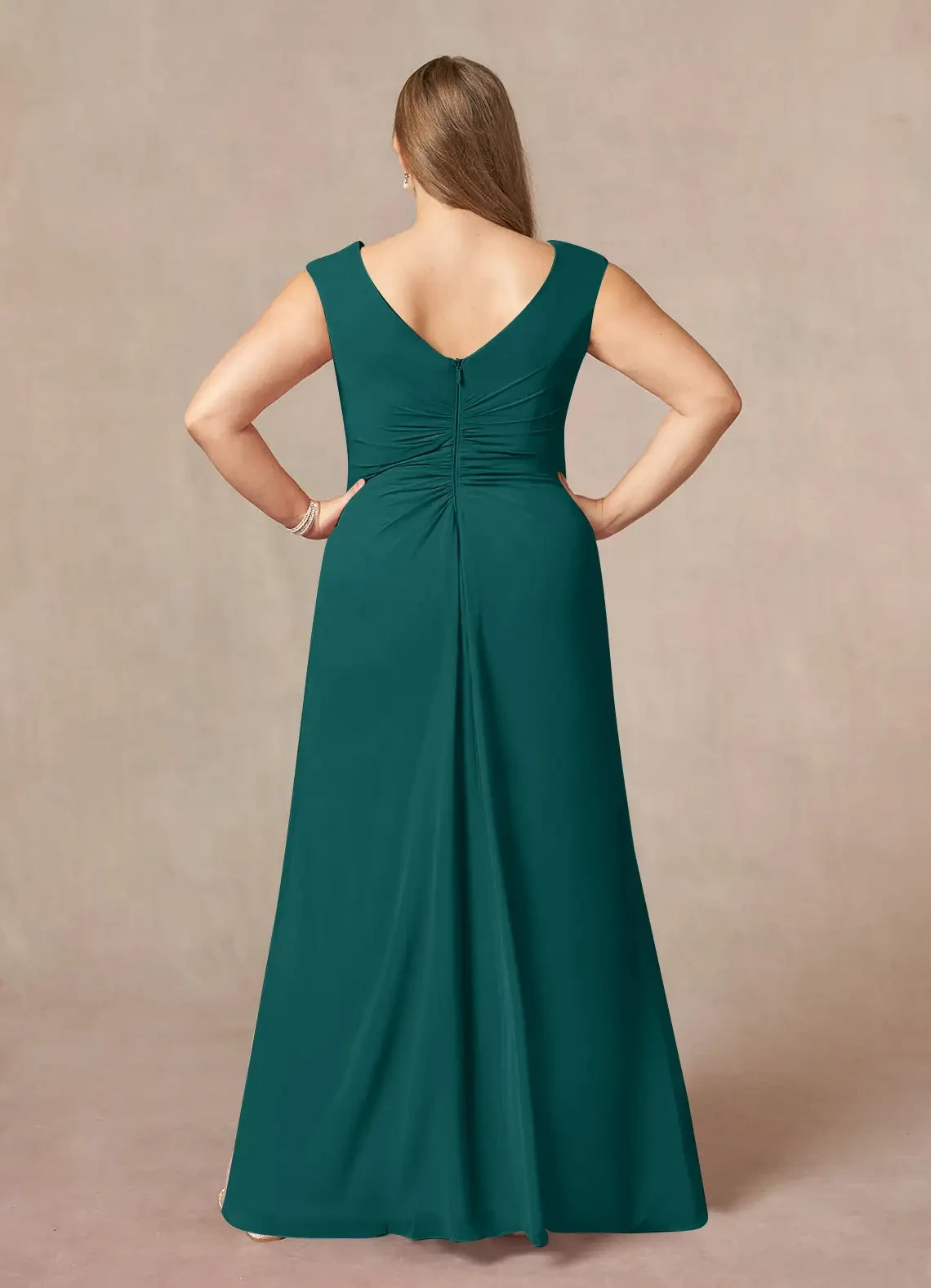 Gorgeous Sheath V Neck Sleeveless Ruched Back Plus Size Floor Length Mother of the Bride Dress