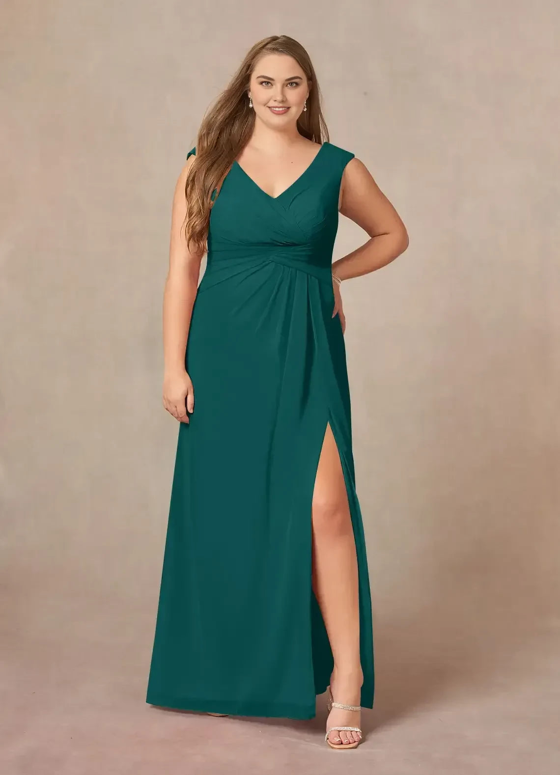 Gorgeous Sheath V Neck Sleeveless Ruched Back Plus Size Floor Length Mother of the Bride Dress