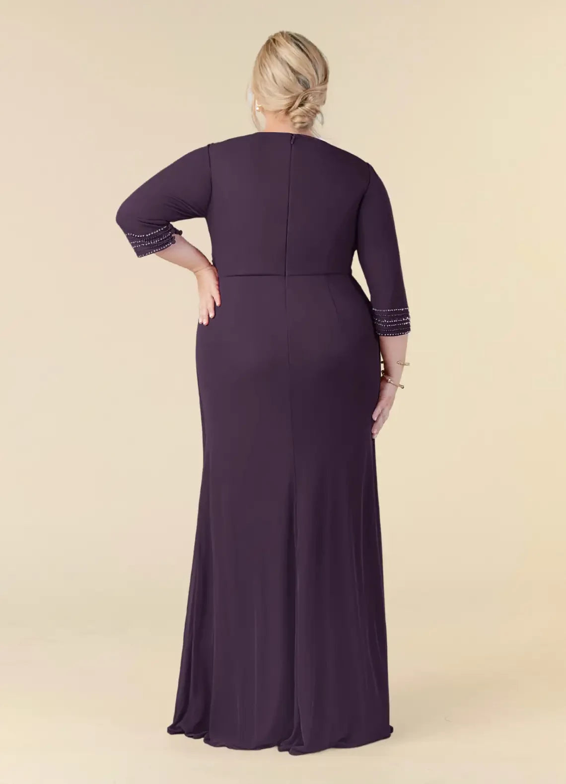 Gorgeous Sheath V Neck Three Quarter Beaded Sleeve Zipper Back Plus Size Floor Length Mother of the Bride Dress