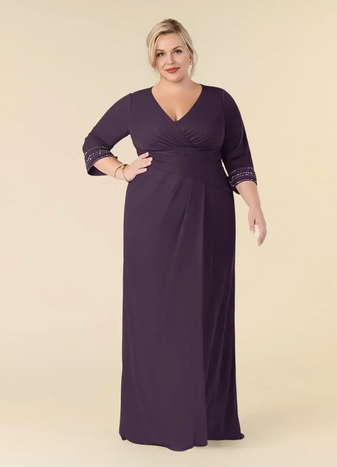 Gorgeous Sheath V Neck Three Quarter Beaded Sleeve Zipper Back Plus Size Floor Length Mother of the Bride Dress