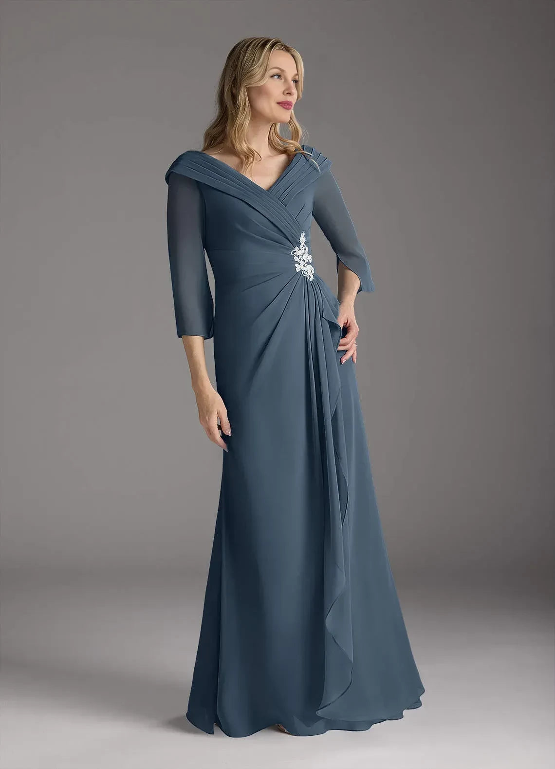 Gorgeous Sheath V Neck Three Quarter Sleeve Zipper Back Floor Length Mother of the Bride Dress