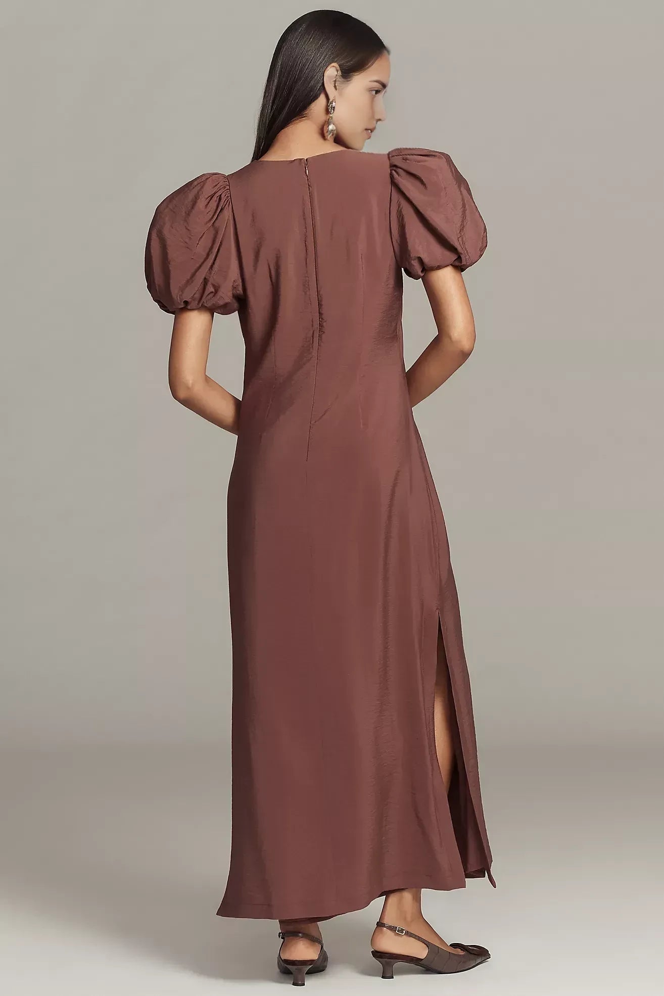 Gorgeous Shift V Neck Puff Sleeve Zipper Back Midi Length Evening Dress